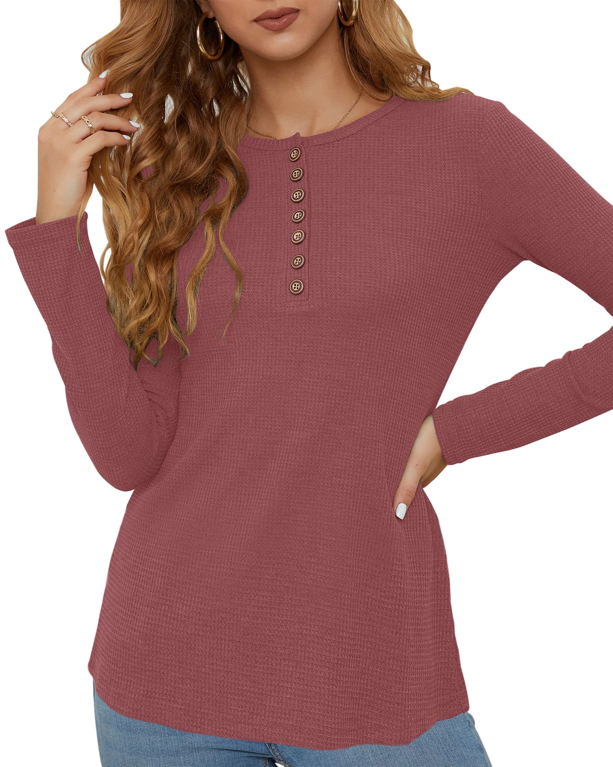 WNEEDU Women's Slim Fit Waffle Knit Long Sleeve Henley Shirt - Casual Button Down V-Neck Blouse for Work, Date Night & Fall Layering