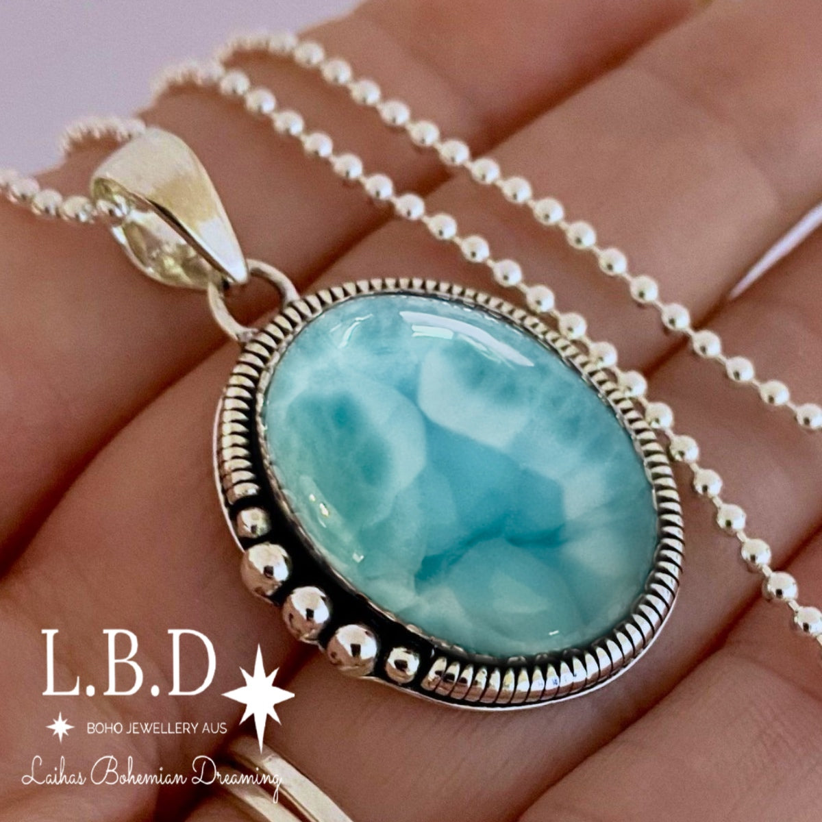 Laihas Large Bohemian Larimar Necklace – Handmade Gemstone Jewelry for Women, Boho Chic Statement Piece – Perfect for Festivals, Beach Parties & Layered Looks
