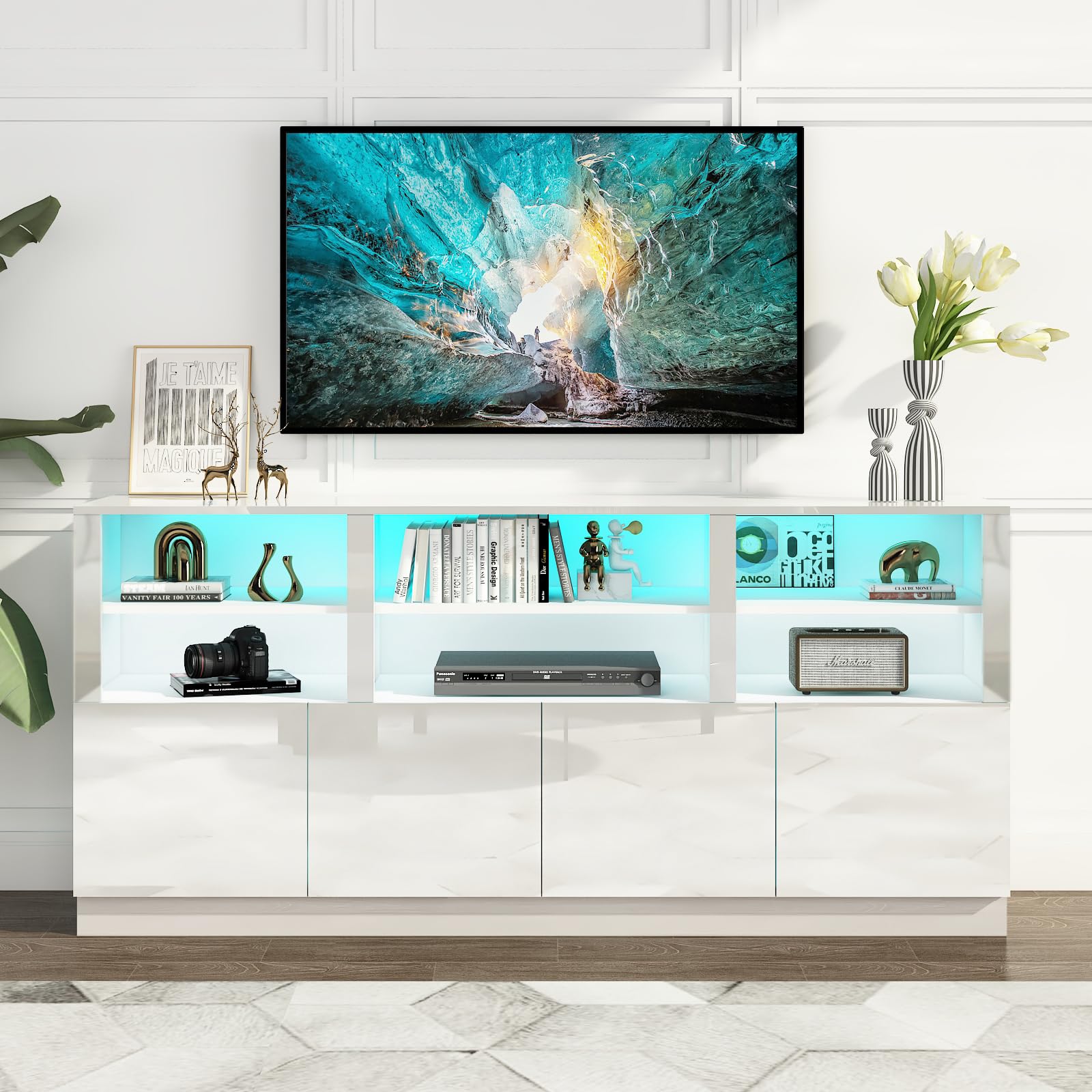 Modern White TV Stand for 65/75/80/85 Inch TVs with RGB LED Lights - 32