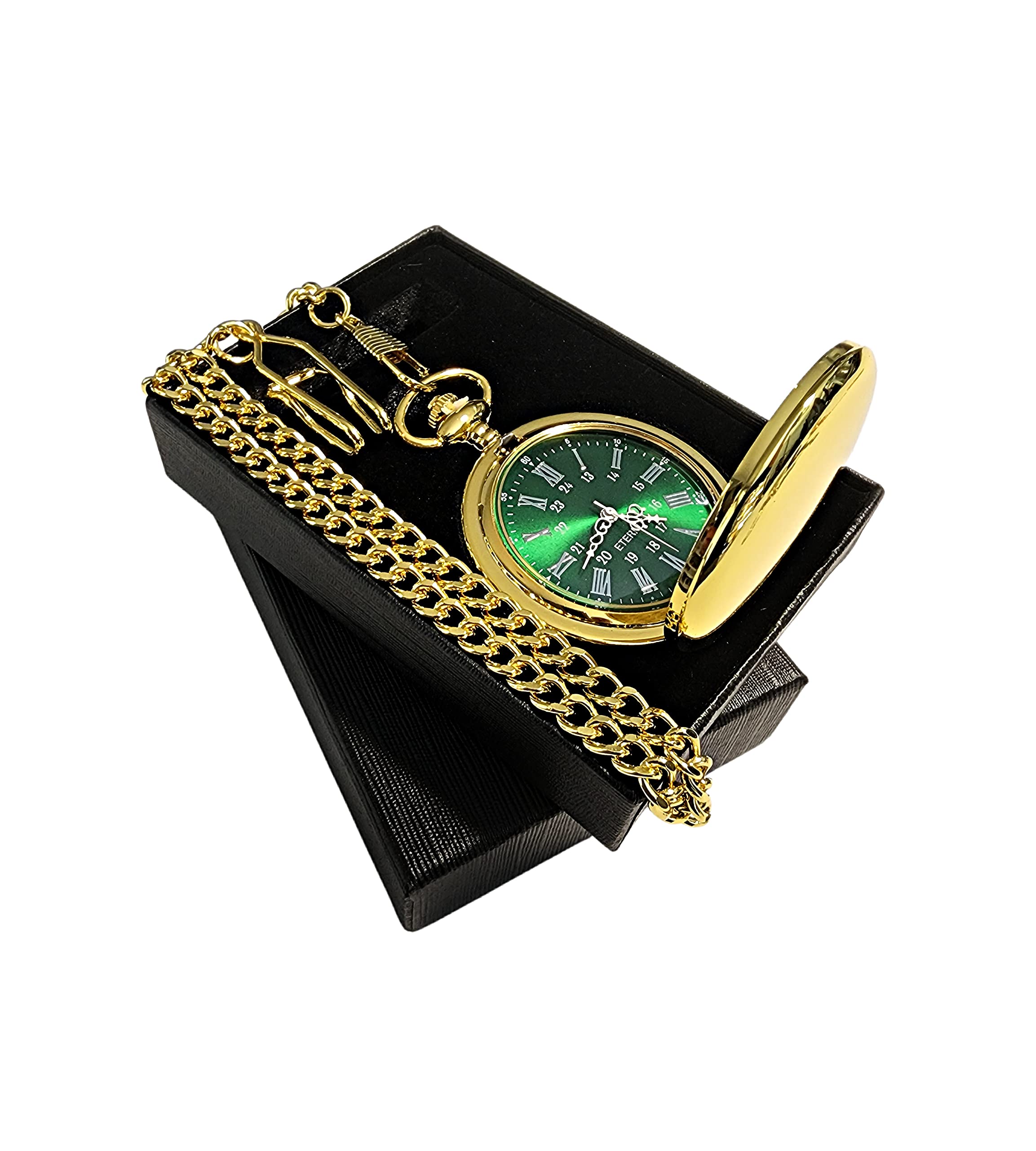 Personalized Silver Pocket Watch Set with Green Dial & Roman Numerals - Custom Engraved Wedding Gift for Him/Her - Includes Chain & Fitted Box - Perfect for Anniversaries, Engagements & Special Occasions