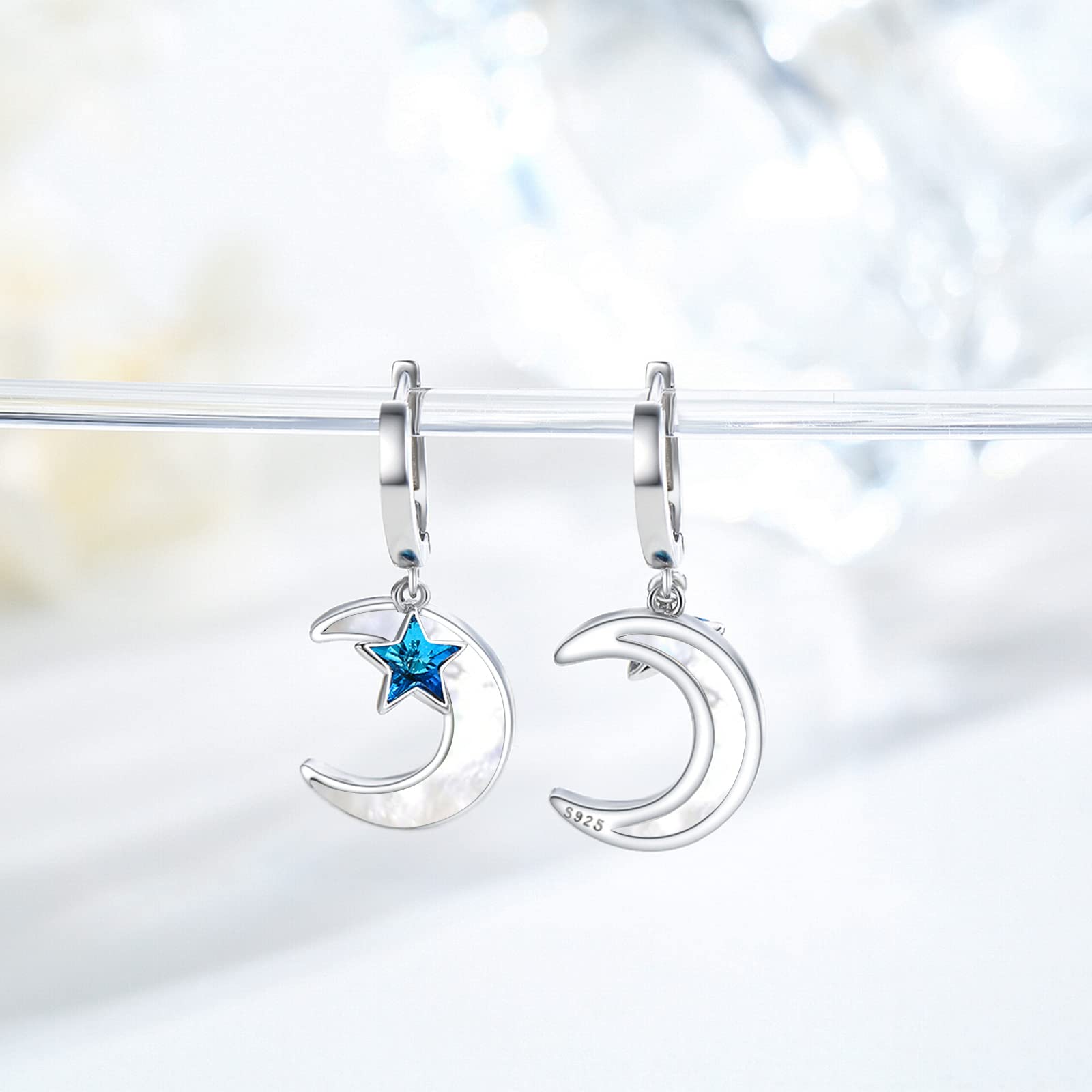 Elegant Sterling Silver Moon & Star Earrings for Women - Mother of Pearl Hoop Dangle Earrings with Blue Star Accents | Perfect Jewelry Gift for Mom, Birthday & Mother's Day | Ideal for Date Nights, Office Wear & Special Occasions