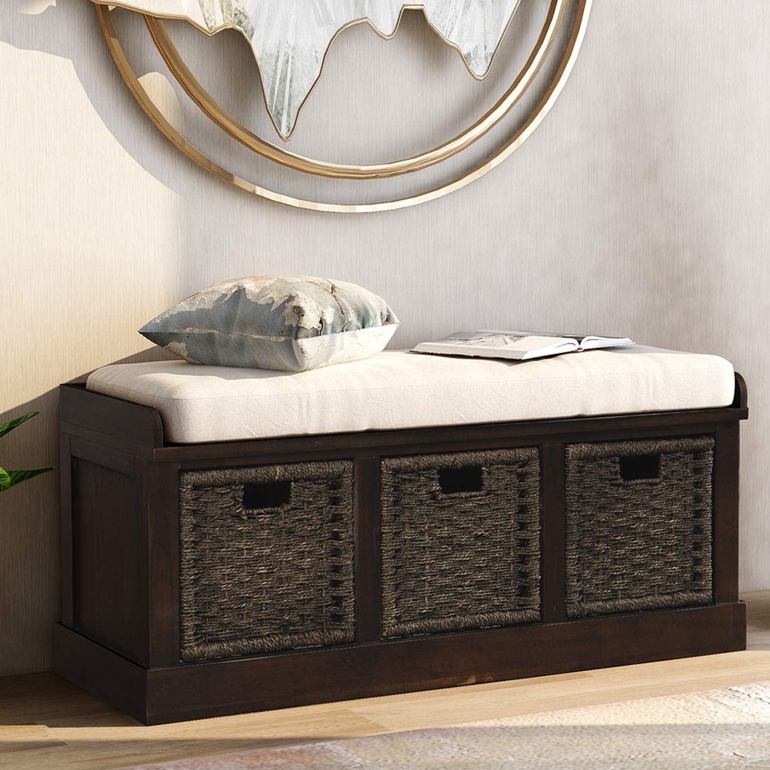 P PURLOVE Rustic Entryway Storage Bench with 3 Removable Baskets & Cushion - Fully Assembled Shoe Bench for Hallway, Living Room & Bedroom Organization - Perfect for Entryway Seating, Shoe Storage & Home Decor