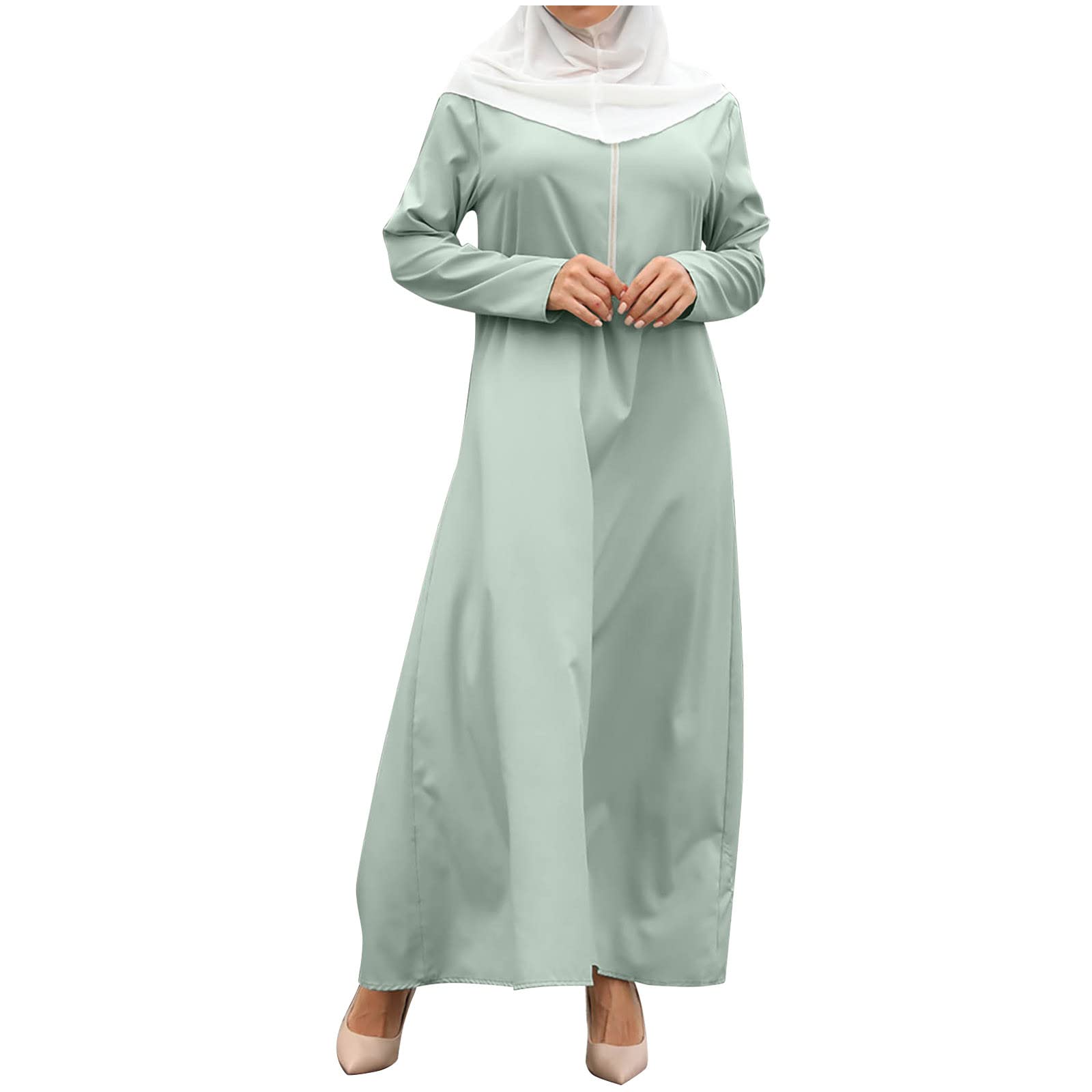 Women's Summer Dresses 2023 - Long Sleeve Round Neck Muslim Dress with Zipper | Casual Beachwear, Vacation Outfits & Modest Fashion
