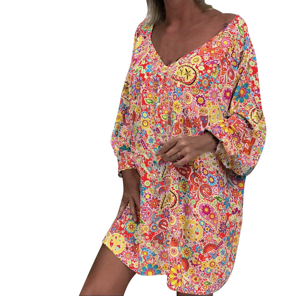 WYTong Plus Size Loose Dress for Women - Off Shoulder Floral Print Long Sleeve Irregular Hem Casual Maxi Dress | Perfect for Summer Outings, Beach Vacations & Date Nights