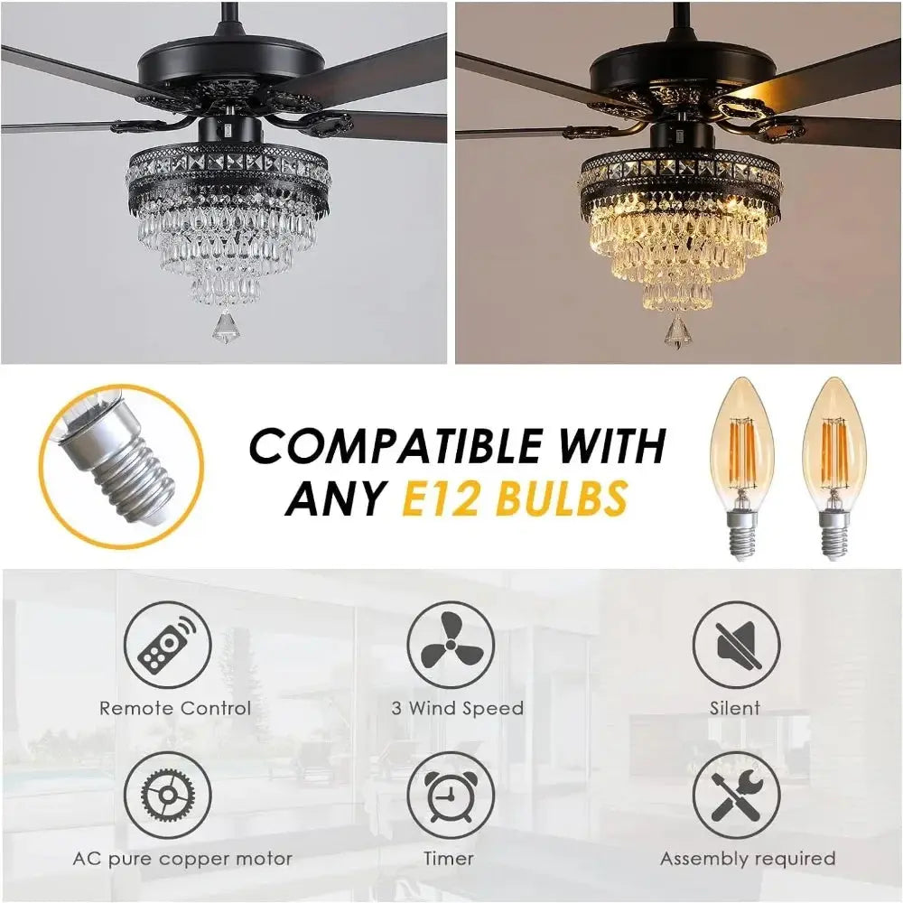 5-Blade Remote Control Crystal Ceiling Fan with LED Light Kit - Modern Home Cooling & Lighting Solution for Bedroom, Living Room, and Office