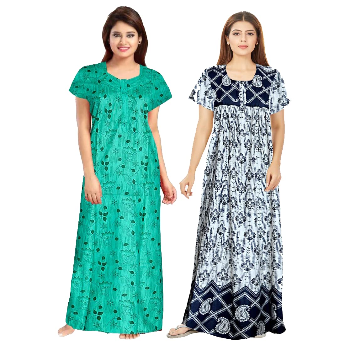 Women's 100% Soft Cotton Jaipuri Printed Indian Full-Length Nightgown Sleepwear - Pack of 2 (Free Size) | Comfortable Night Dress for Sleeping, Lounging & Travel