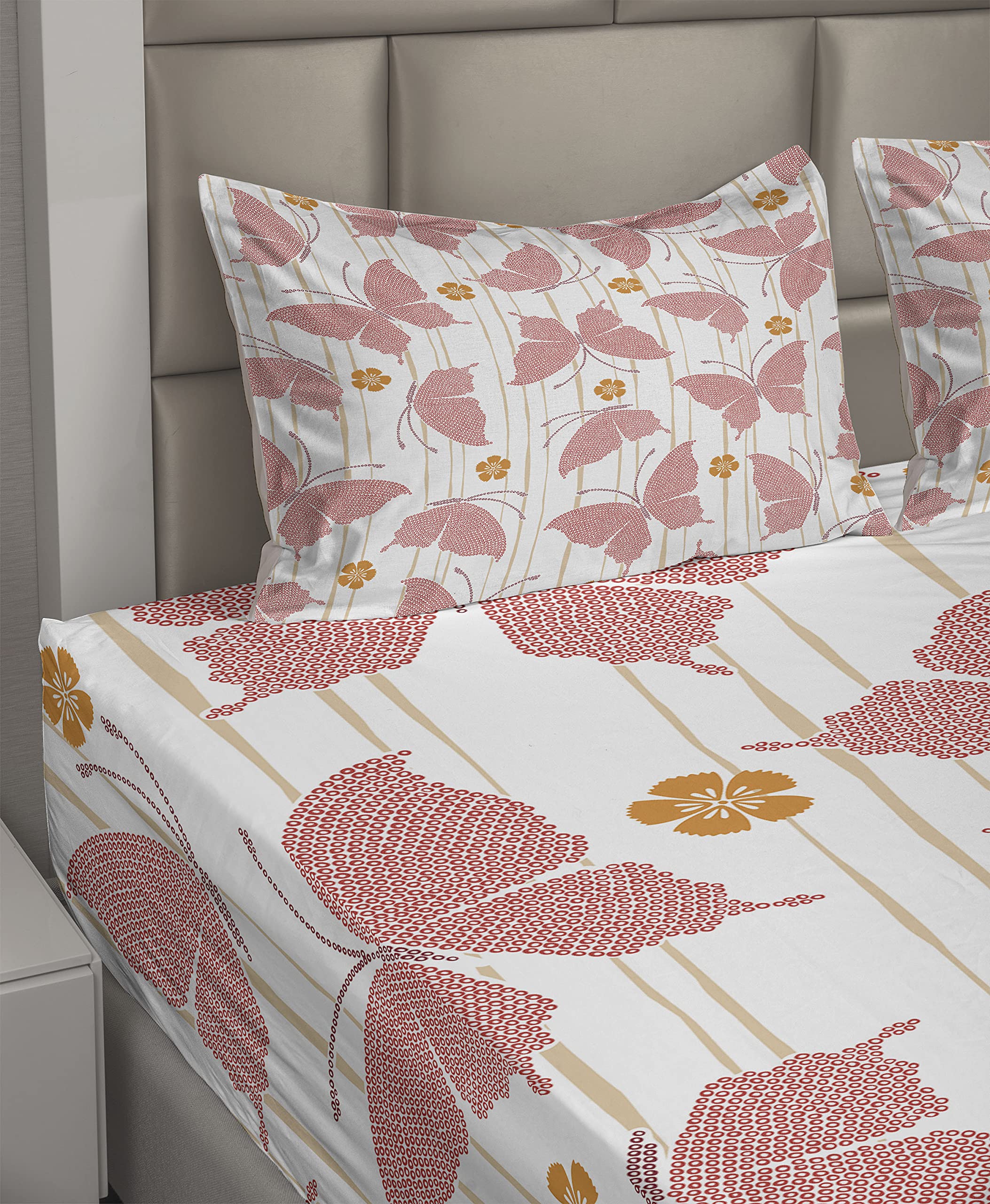 Ambesonne Butterfly King Size 4-Piece Sheet Set - Floral Butterfly Pattern with Digital Dots & Stripes in Red Orange Cream - Includes Fitted Sheet, Flat Sheet & 2 Pillowcases | Perfect for Master Bedroom, Guest Room & Bohemian Home Decor