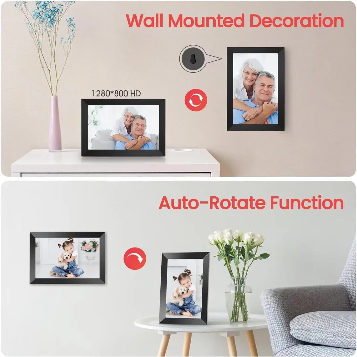 10.1 Inch WiFi Digital Photo Frame with Wooden Frame - 16GB Storage, IPS Touchscreen, App Remote Sharing - Perfect for Home, Office & Gift Giving
