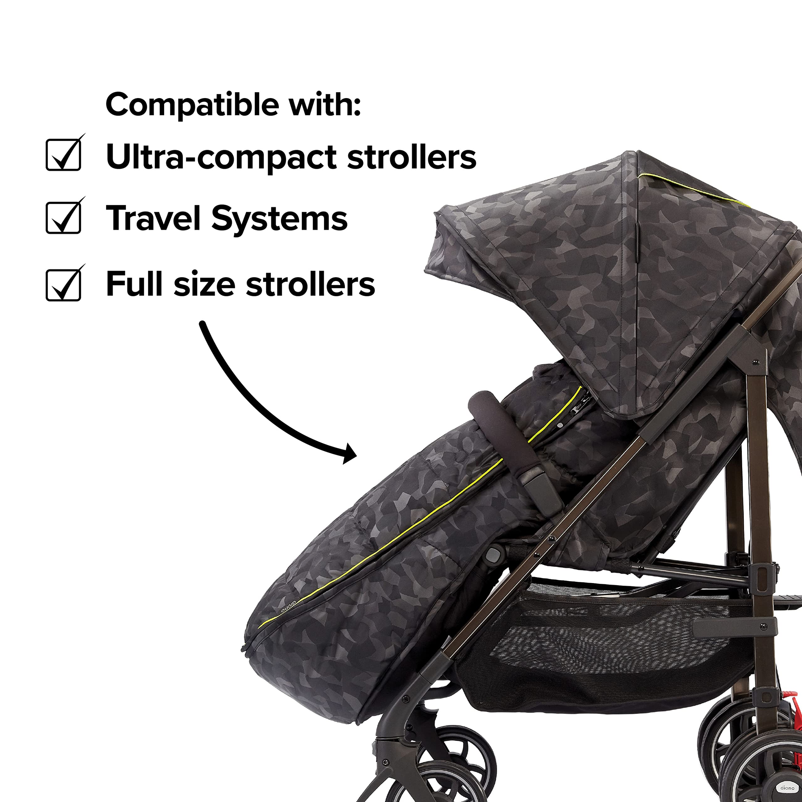 Diono Luxury All Weather Stroller Footmuff - Universal Fit for Baby to Toddler - Super Soft Cozy Padding - Weatherproof & Water Resistant Lining - Black Camo - Perfect for Winter Strolls & Outdoor Adventures