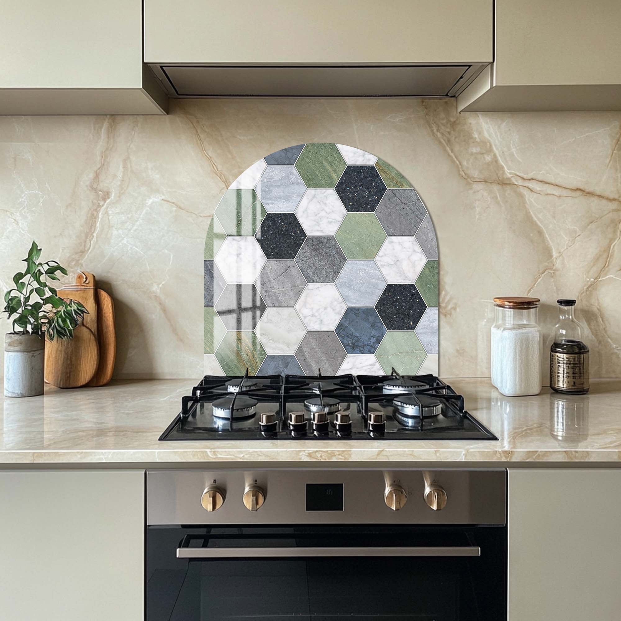 Hexagon Green Glass Splashback - Modern Kitchen Backsplash for Stove & Countertop Protection