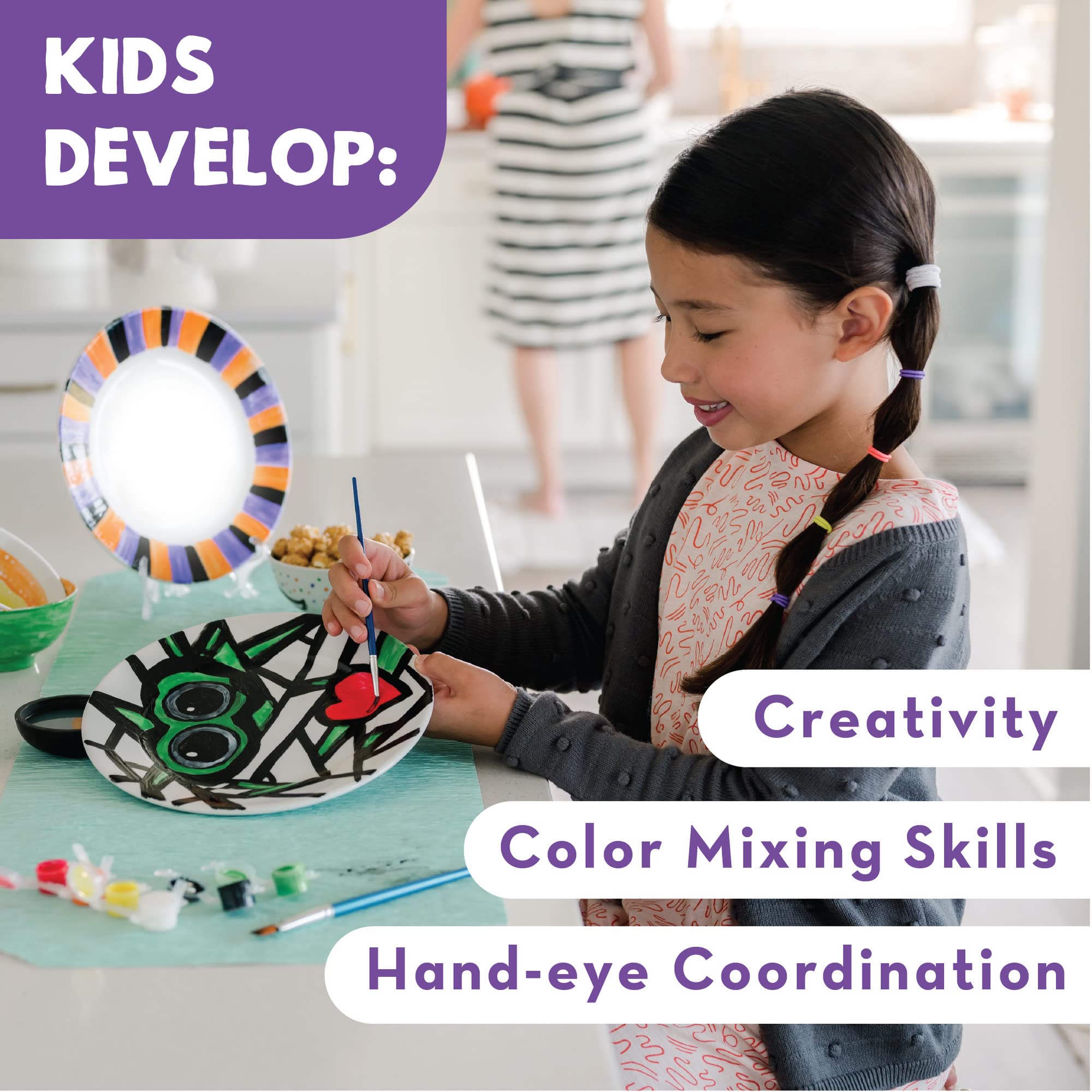 MindWare DIY Porcelain Painting Kit - 2 White Plates, 12 Vibrant Paints, 2 Brushes & Display Stands for Kids & Adults - Perfect for Birthday Gifts, Family Craft Night & Home Decor Projects