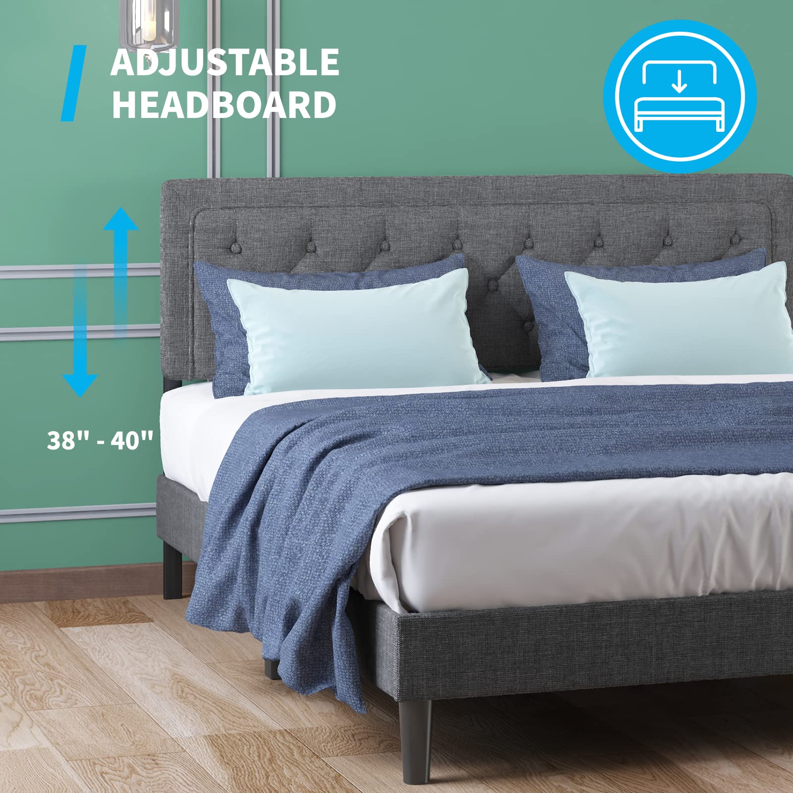 Mjkone Queen Size Bed Frame with Adjustable Headboard - Dark Grey Upholstered Platform Bed, No Box Spring Needed, Modern Tufted Design for Bedroom & Apartment | Perfect for Small Spaces, Guest Rooms & Master Bedrooms