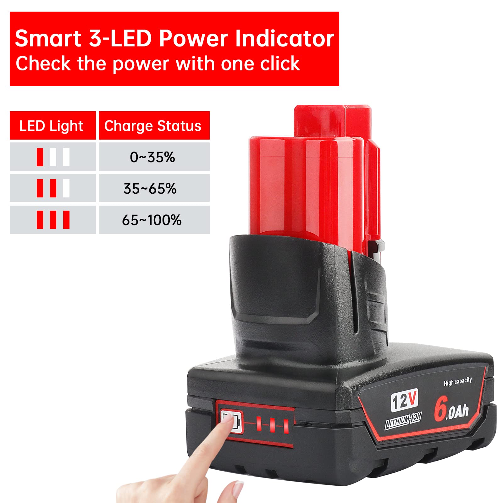 2 Pack 12V 6Ah Lithium-ion Replacement Battery for Milwaukee 12V Power Tools - Compatible with Milwaukee 48-11-0490, 48-11-2402, 48-11-2411, 48-11-2430 - LED Power Indicator - Perfect for Drills, Saws, and Other 12V Cordless Tools (Not Made by Milwaukee)