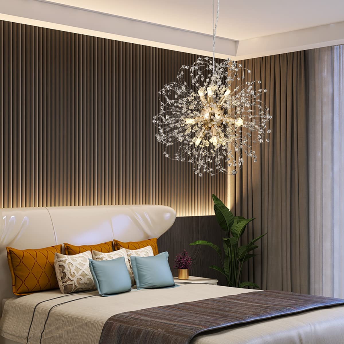Modern Gold Sputnik Chandelier - 9-Light Dandelion Crystal Beaded Pendant Lighting Fixture for Dining Room, Bedroom, Living Room & Farmhouse Kitchen Island - Elegant Ceiling Lamp for Home Decor, Wedding & Restaurant Lighting
