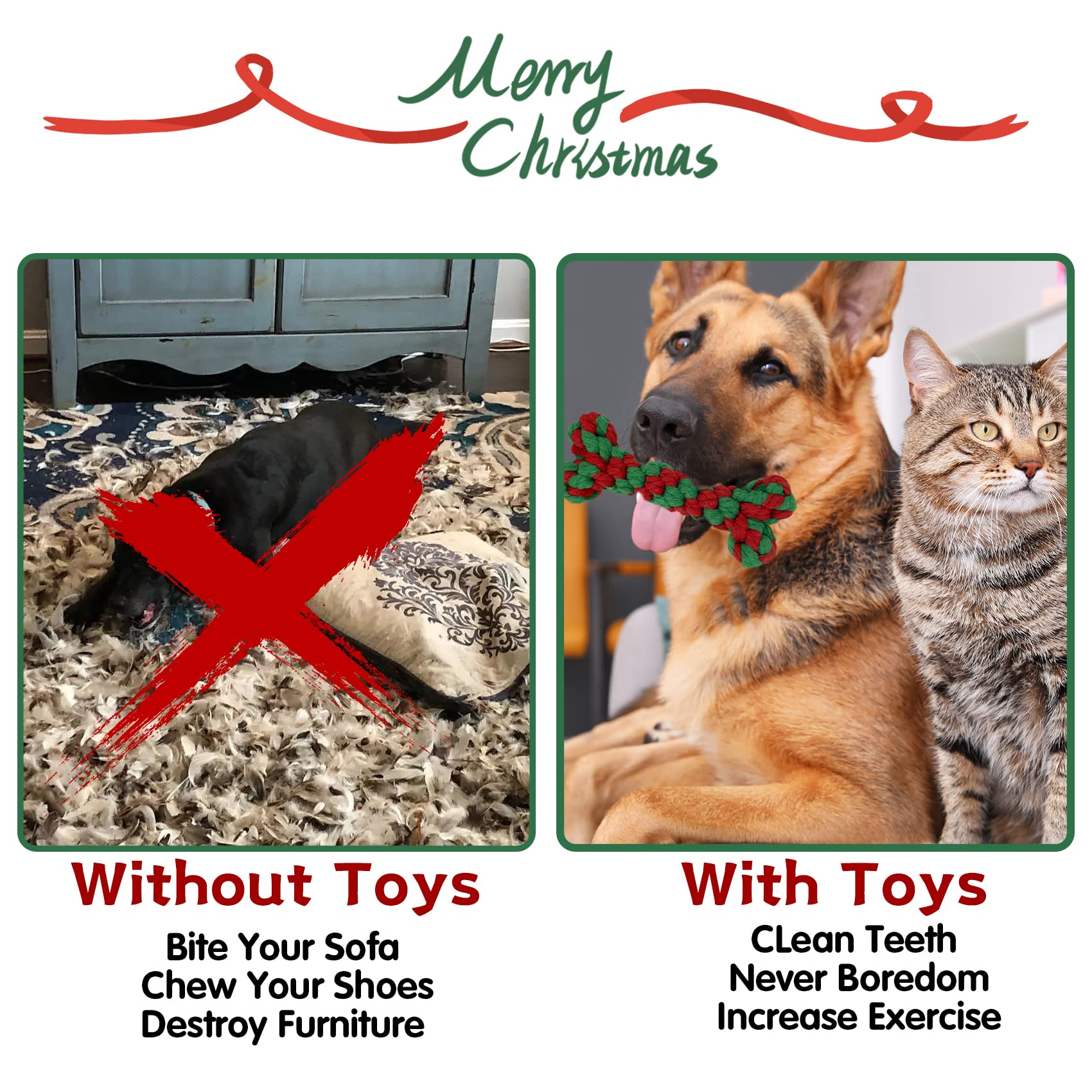 MISS FANTASY Christmas Dog Toys - 4 Pack Stuffless Rope Chew Toys for Aggressive Chewers, Durable Plush Puppy Toys with Squeaker for Large Medium Small Dogs | Holiday Gift for Pets, Interactive Play & Teething Relief