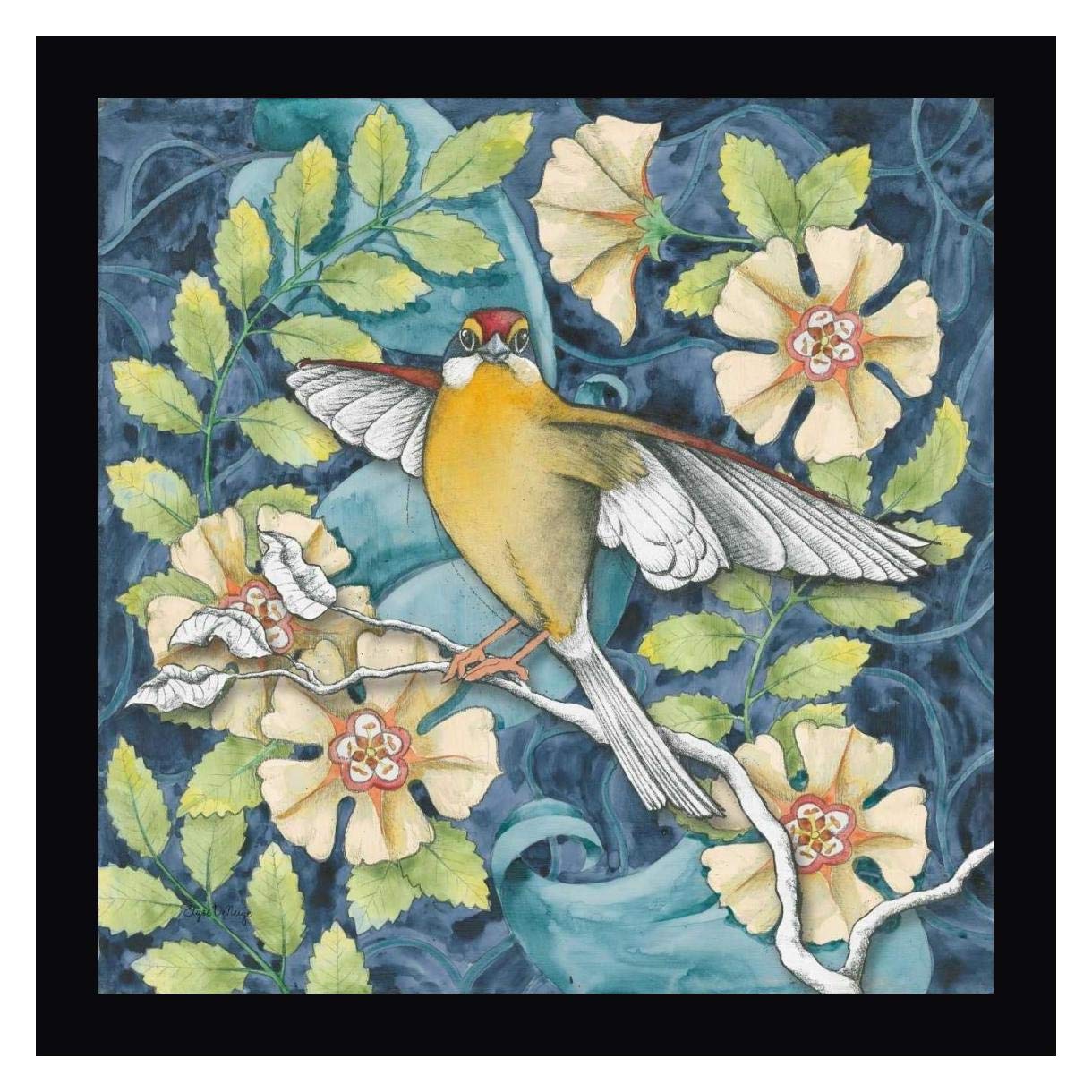 Elyse DeNeige Arts and Crafts Bird IV - 30x30 Inch Black Framed Canvas Wall Art Print - Ready to Hang - Perfect for Living Room, Bedroom & Office Decor