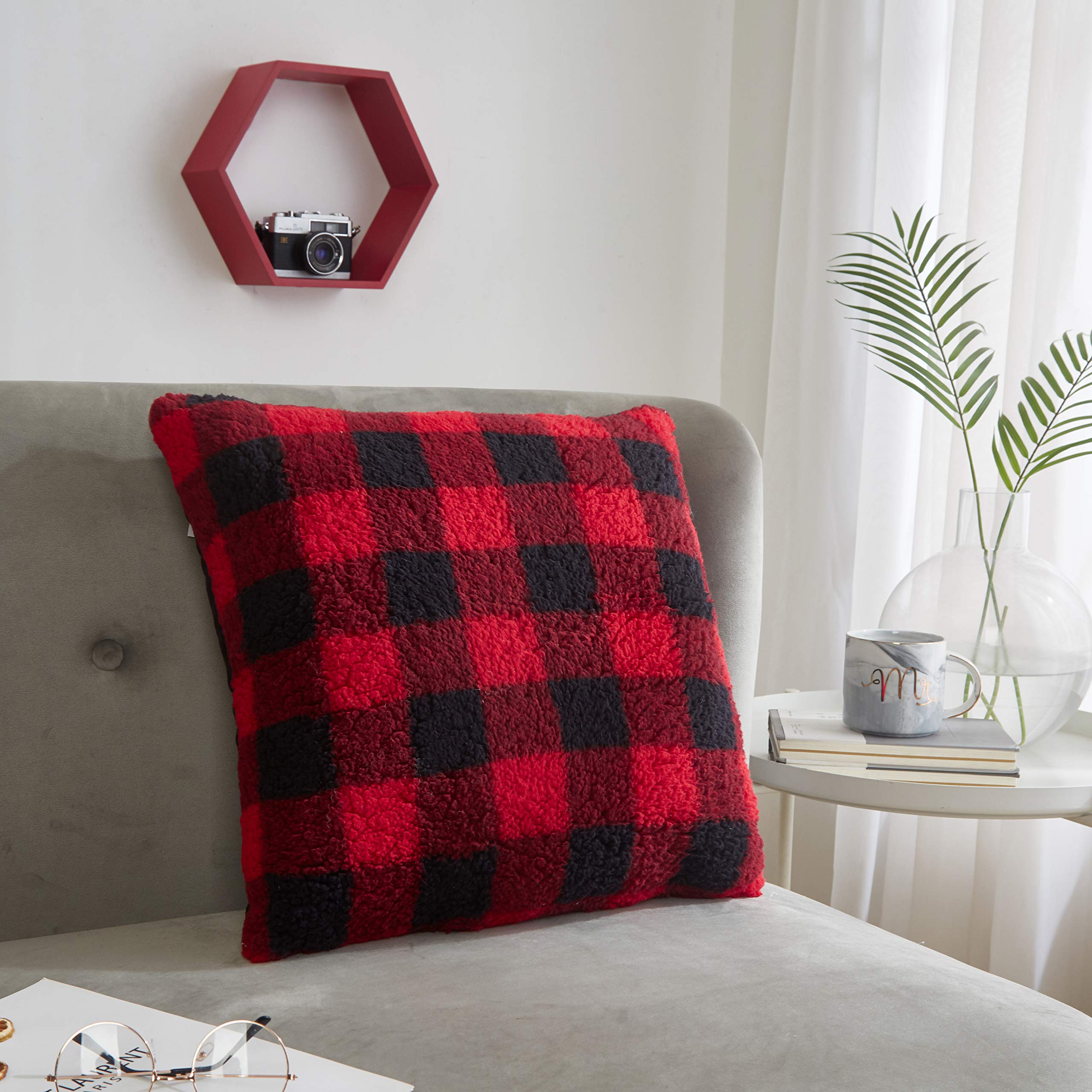 Pop Shop Sherpa Decorative Pillow 18x18 Inches - Soft Buffalo Plaid Throw Pillow for Couch, Bed, Sofa - Cozy Home Decor for Living Room & Bedroom