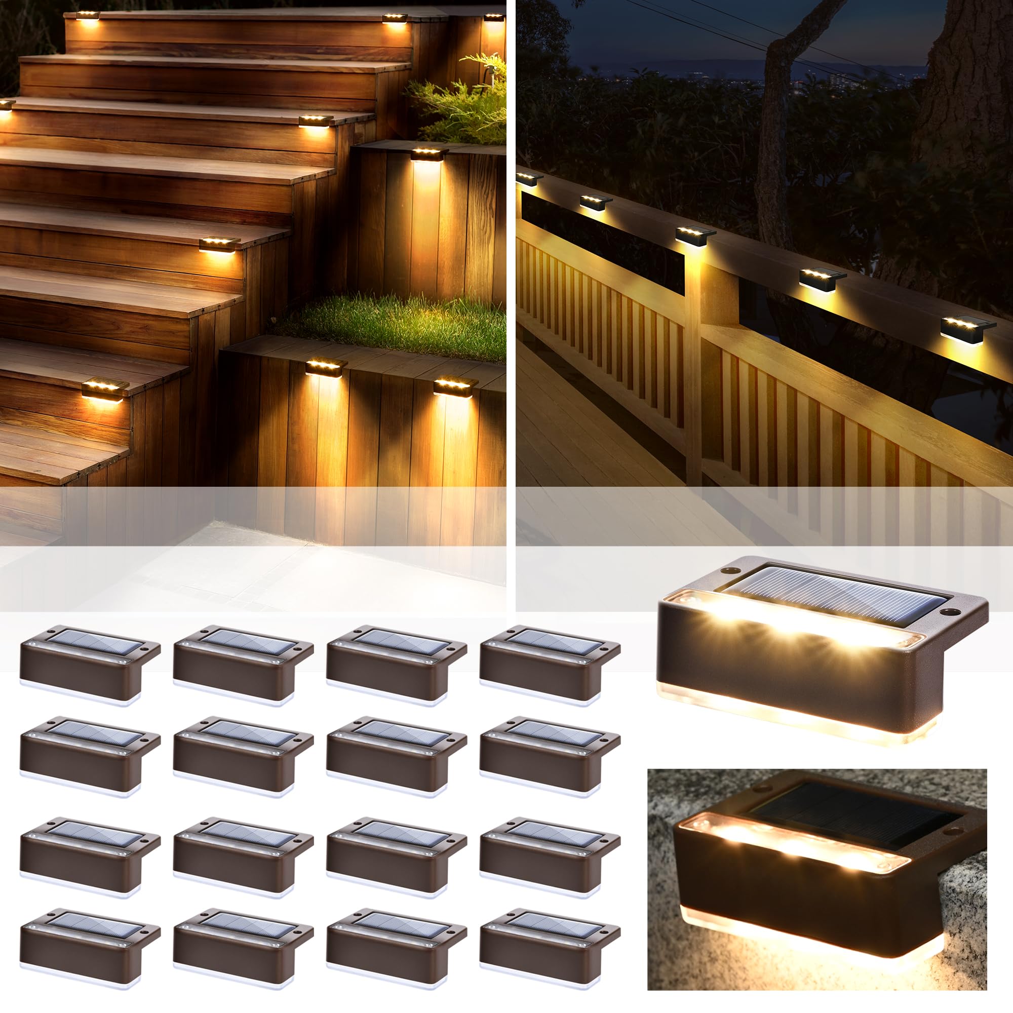 SOLPEX 16 Pack Solar Fence Lights Outdoor - 6 LED Waterproof Solar Powered Lights for Deck, Stair, Front Porch, Balcony, Walkway, Garden, Yard, Patio & Pool Decor - IP65 Waterproof Warm White Solar Lights for Nighttime Safety & Ambience