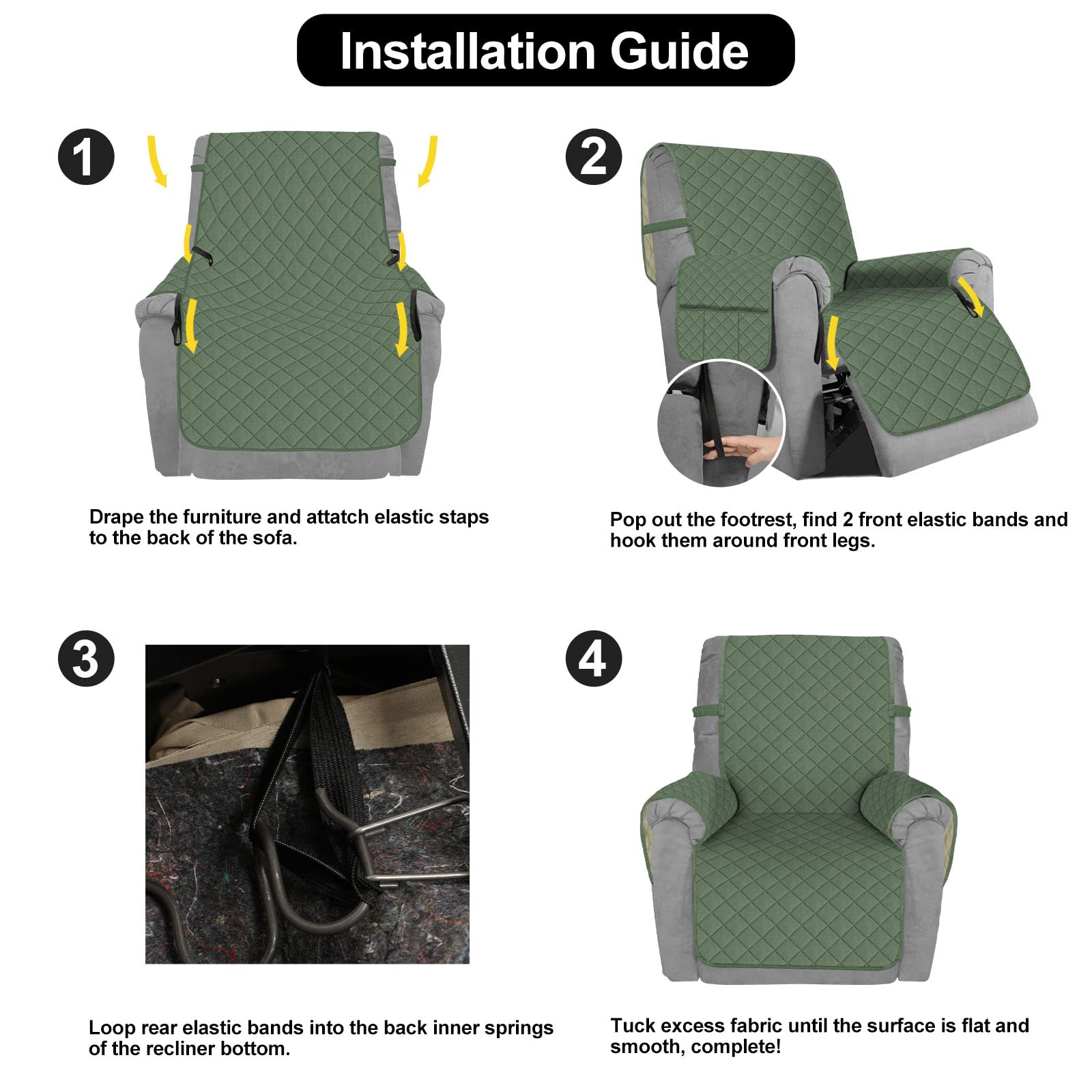 Deeky Recliner Chair Covers for Large Recliners - Reversible Water-Resistant Slipcovers with Elastic Straps - Protects Furniture from Pets & Dogs - Greyish Green/Beige - Perfect for Living Room, Home Theater & Family Room Decor