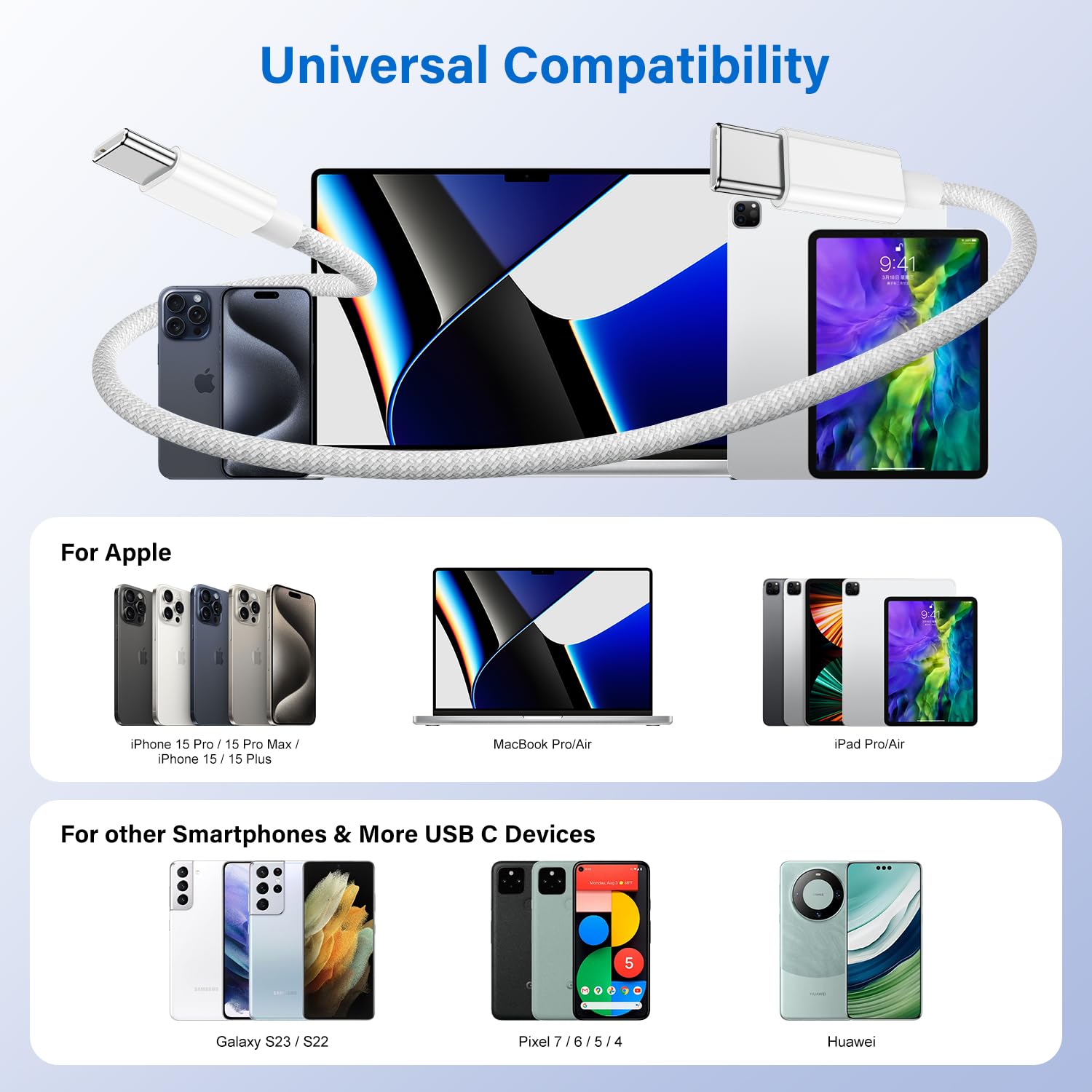 Braided USB C to C Fast Charging Cable for iPhone 15/16 Series - 2 Pack 1m Durable Charger Lead Compatible with iPhone 16/16 Pro/16 Pro Max/15/15 Plus/15 Pro/15 Pro Max, iPad Pro/Mini & MacBook - Perfect for Home, Office & Travel Use