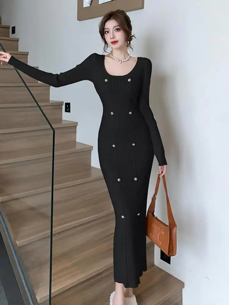 French Fashion Women's Elegant Long Sleeve Knit Dress - Square Neck Wrap Hip Office Dress for Autumn Winter | Slim Fit & Comfortable for Work, Parties & Date Nights