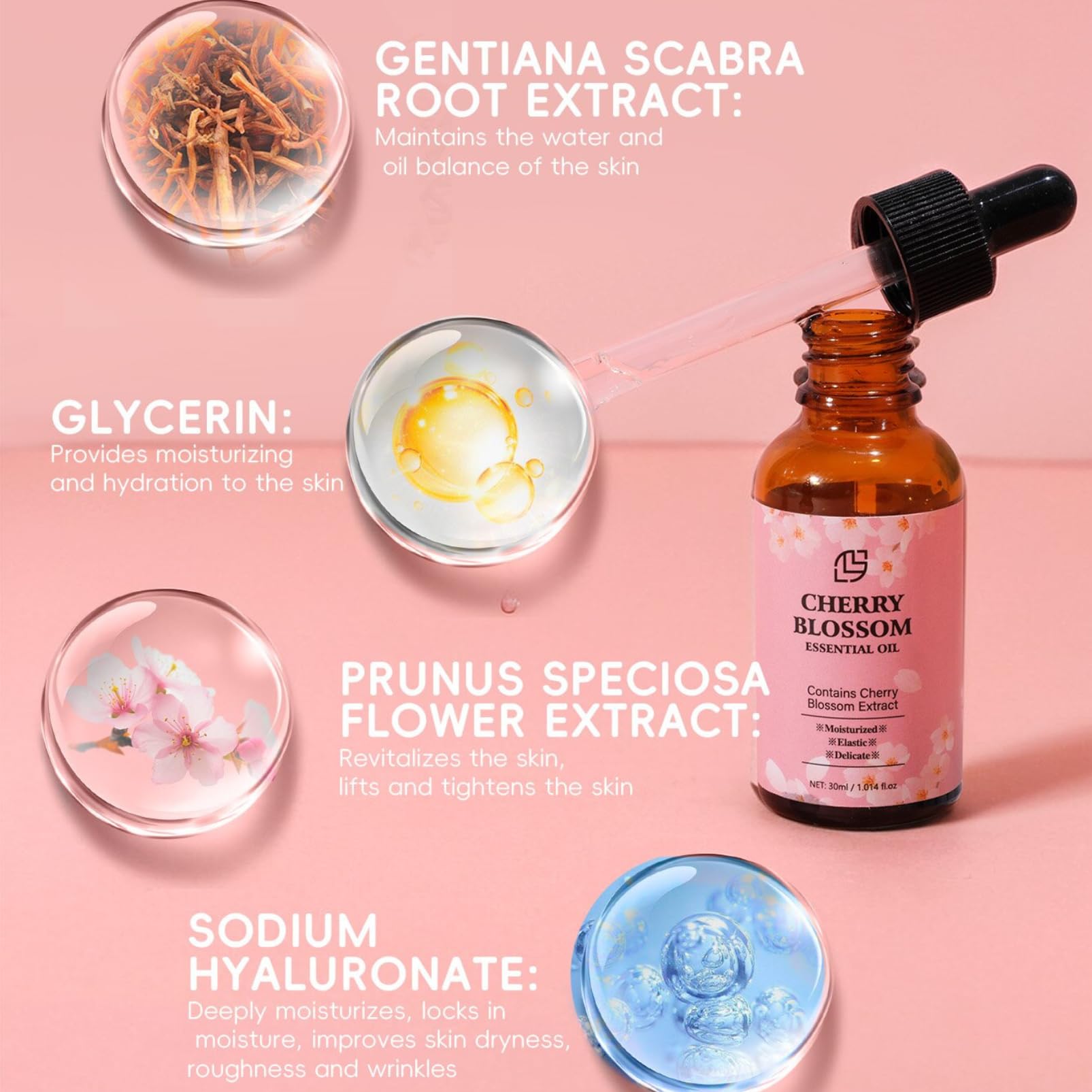 Organic Cherry Blossom Essential Oil for Face - Anti-Aging & Hydrating Facial Serum - Natural Moisturizer for Women - Skin Care Oil with Floral Fragrance - Perfect for Daily Skincare Routine & Spa Relaxation