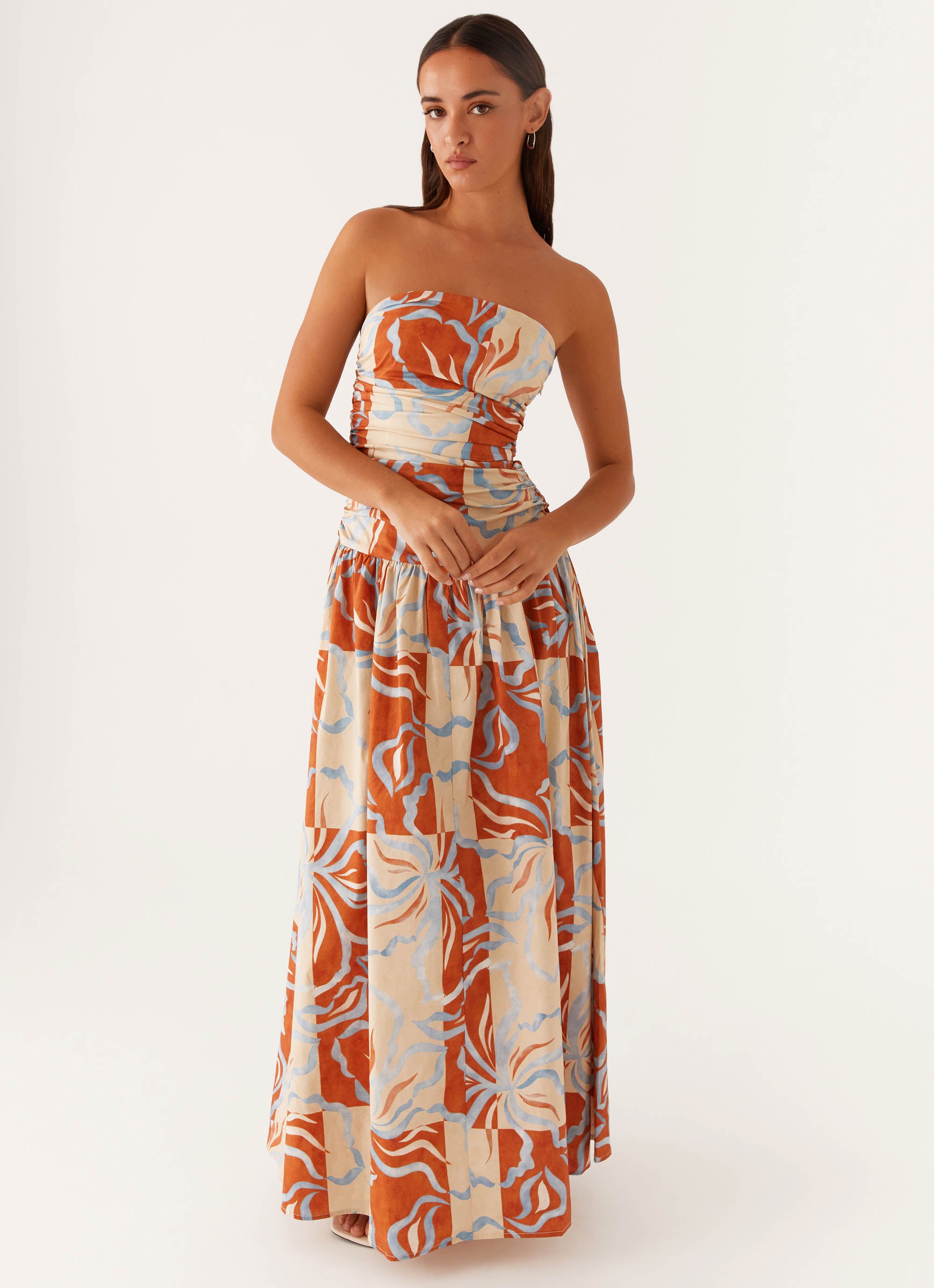 Carmel Maxi Dress - Orange Blue Floral Print Summer Beach Dress for Women | Boho Chic Long Dress for Vacations, Parties & Casual Outings