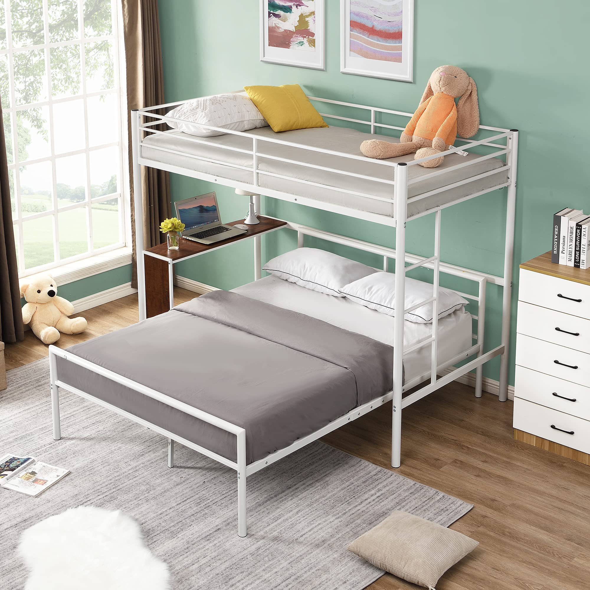 **Metal Twin Over Full Bunk Bed with Built-in Desk & Guardrail - Space-Saving Loft Bed with Flat Steps Ladder, White - Perfect for Kids' Rooms, Dorms & Small Apartments**