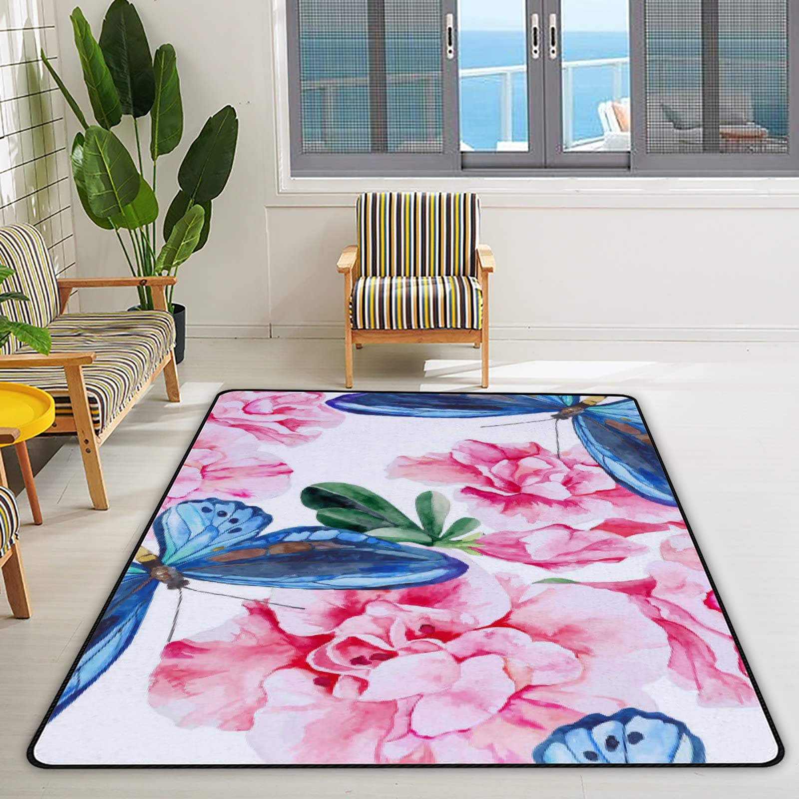 Pink Azalea & Blue Butterflies Crawling Play Mat - 72x48 Inch Non-Slip Nursery Rug for Babies & Toddlers | Soft Educational Floor Mat for Living Room, Bedroom & Playroom | Perfect for Crawling, Learning & Playtime