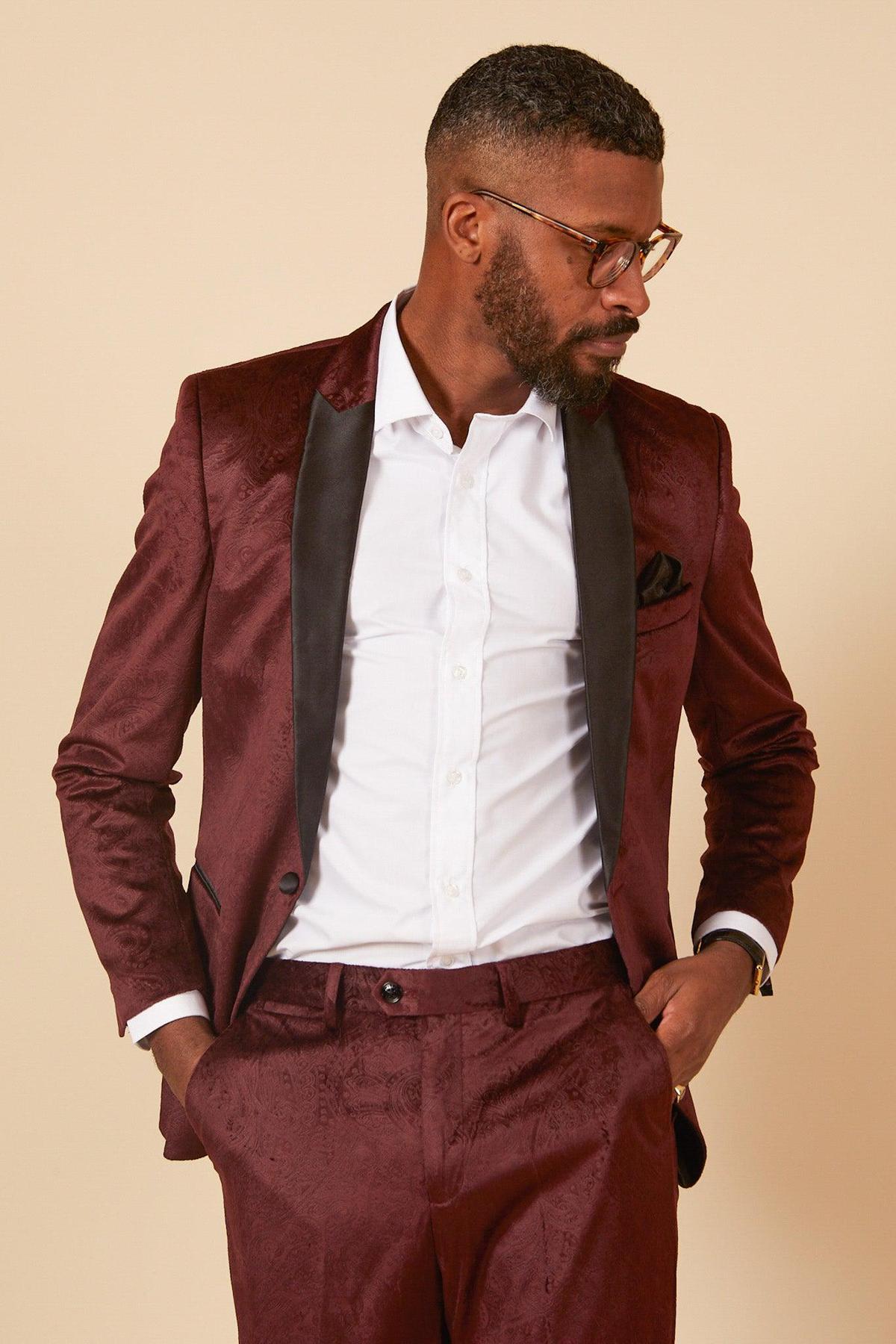 SIMON Velvet Wine Tux Lapel Jacquard Blazer for Men - Elegant Formal Dinner Jacket for Weddings, Parties & Special Occasions