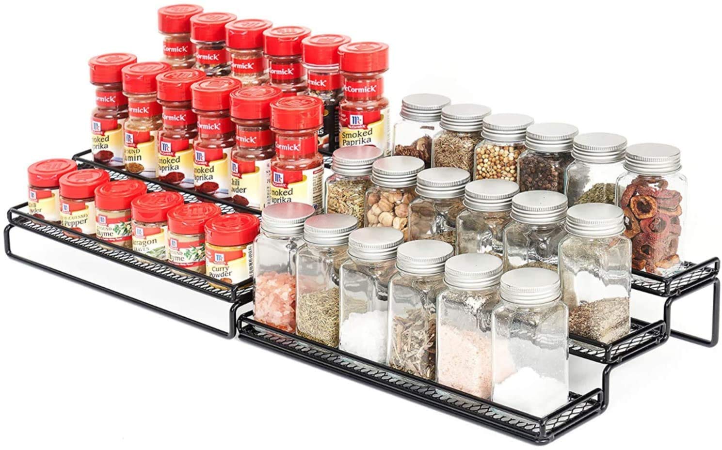 3-Tier Expandable Spice Rack Organizer - Sturdy Metal Kitchen Shelf for Cabinet, Pantry or Countertop with Safety Railing - Perfect for Storing Spices, Condiments & Small Kitchen Items