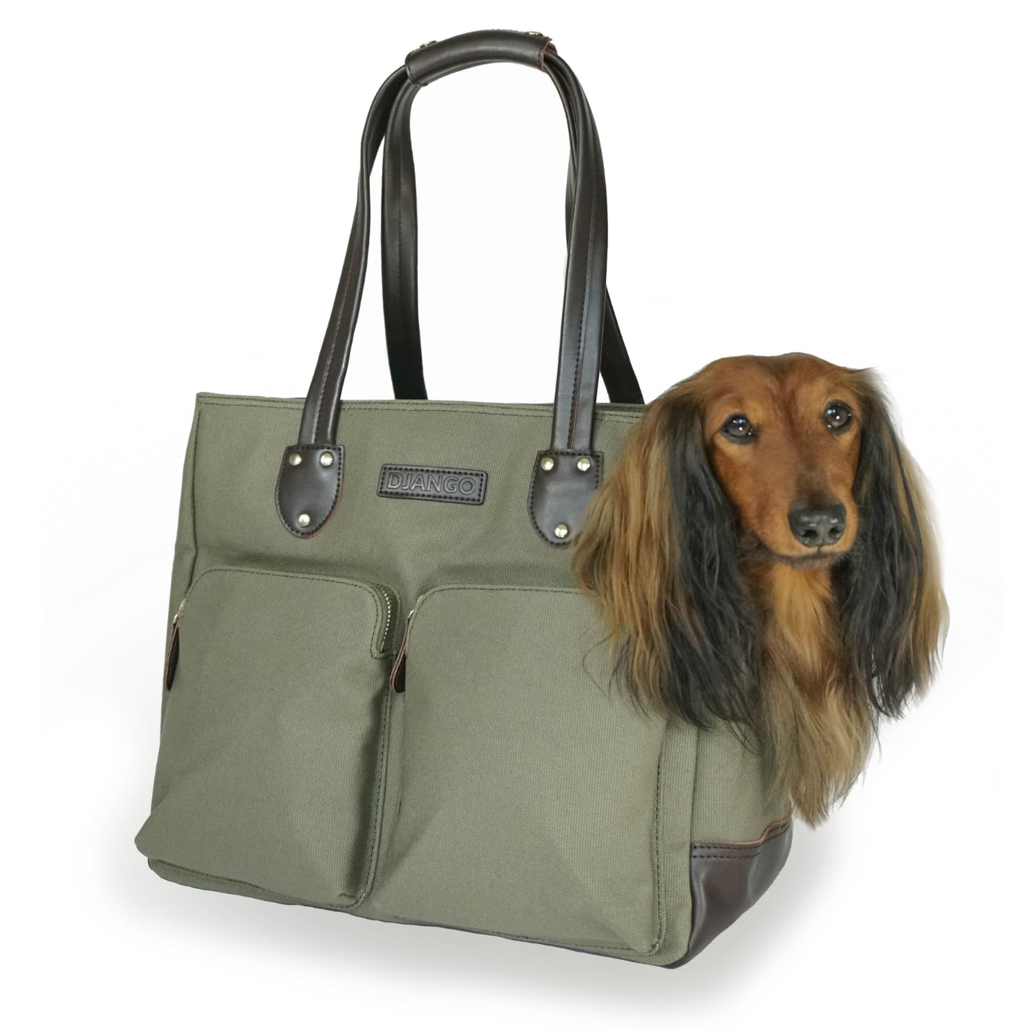Premium Waxed Canvas & Leather Dog Carrier Bag - Large Olive Green Pet Travel Tote with Safety Harness Tether, Secure Zipper Pockets & Water-Resistant Lining - Perfect for Air Travel, Road Trips & Outdoor Adventures with Your Dog