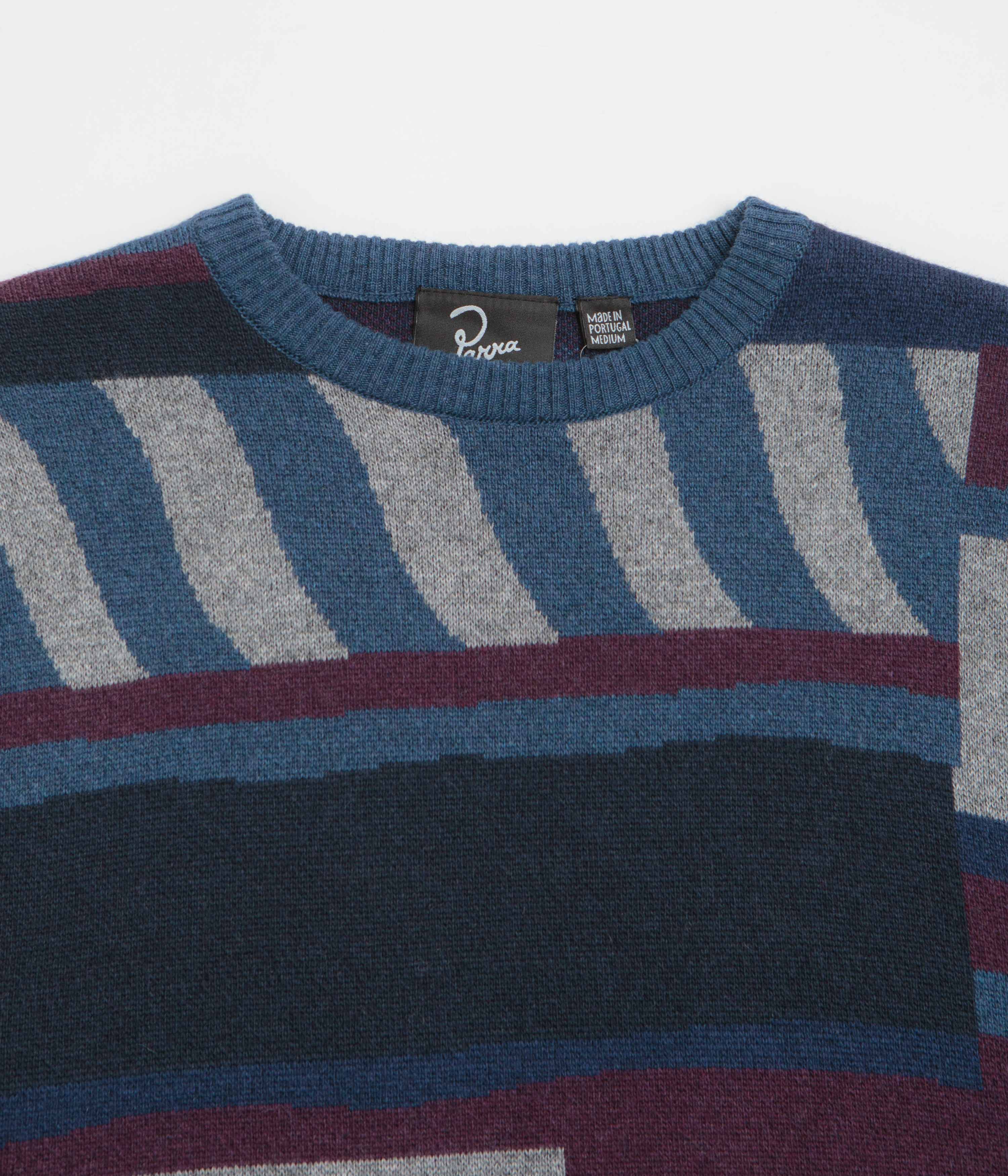 Parra Patched Work Knitted Sweatshirt for Men & Women - Blue Crewneck Pullover for Casual Wear & Office Outfits