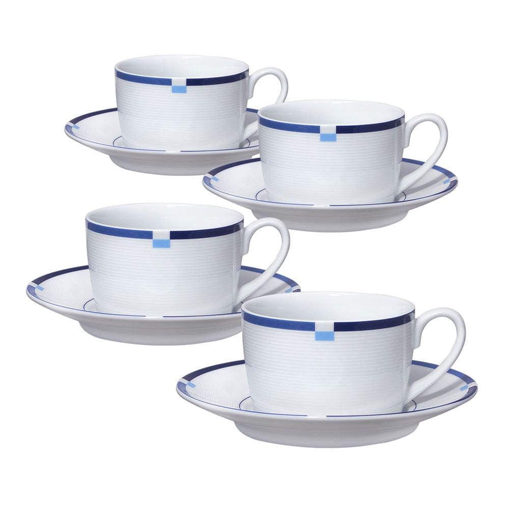 Jet Set Blue Porcelain Tea Cups and Saucers Set of 4 - Elegant Tea Party & Afternoon Tea Set for Home, Office, and Gifts