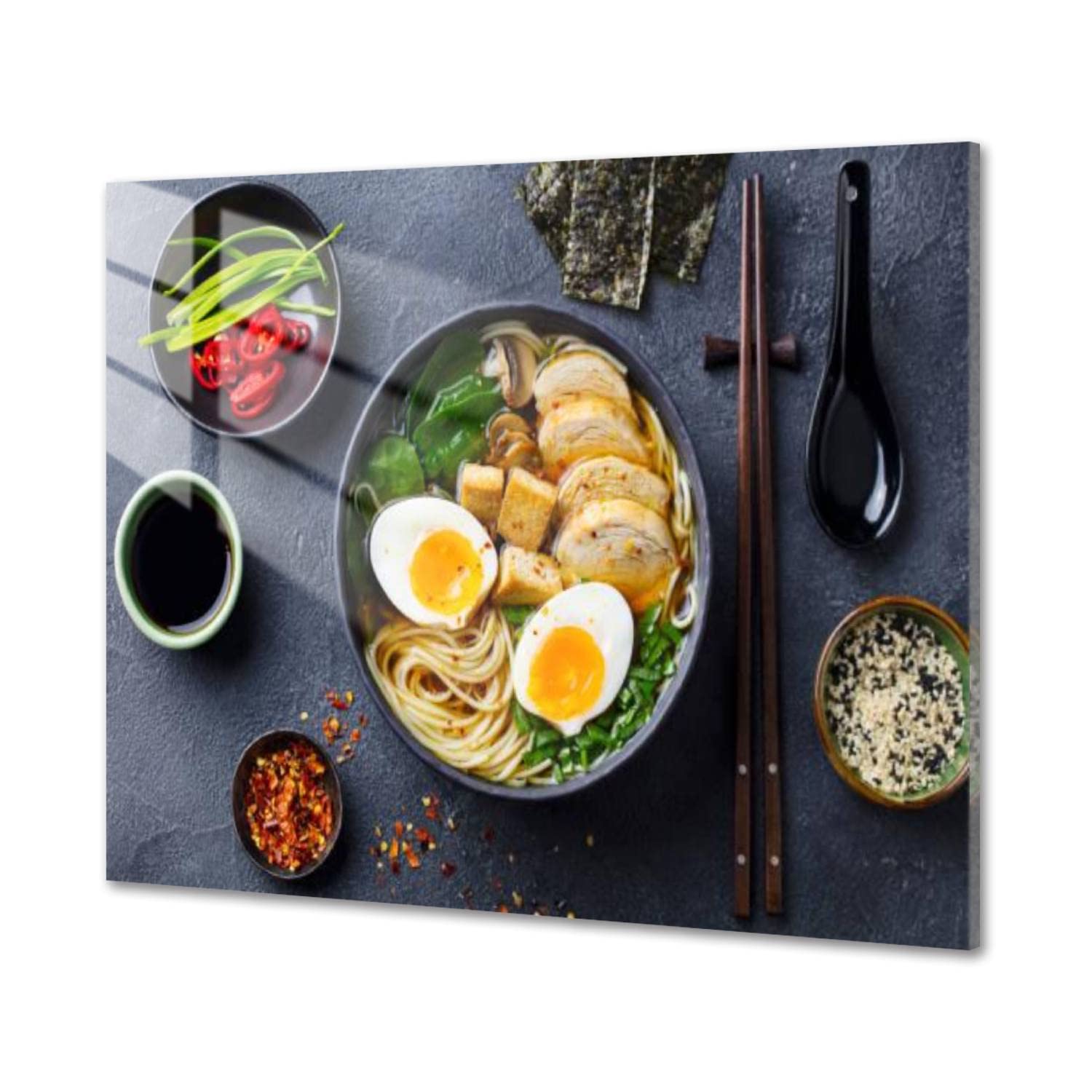 Premium Asian Noodle Soup Ramen Art Print - Chicken Tofu Vegetables & Egg in Black Acrylic Glass - Modern Wall Decor for Living Room, Bedroom, Kitchen & Dining Area - Perfect Gift for Food Lovers & Home Interior Design