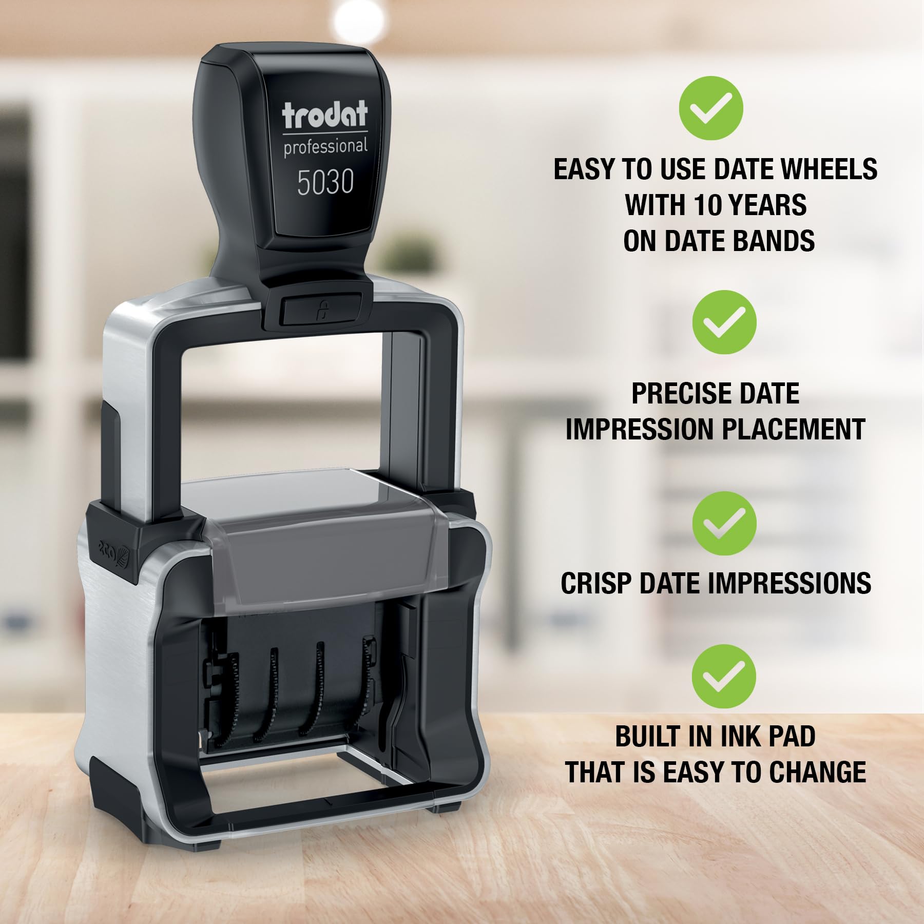 Trodat 5030 Professional 4.0 Self Inking Date Stamp - 1-5/8” x 3/8” Impression Size - Black Ink - Perfect for Office Documents, Invoices & Legal Paperwork