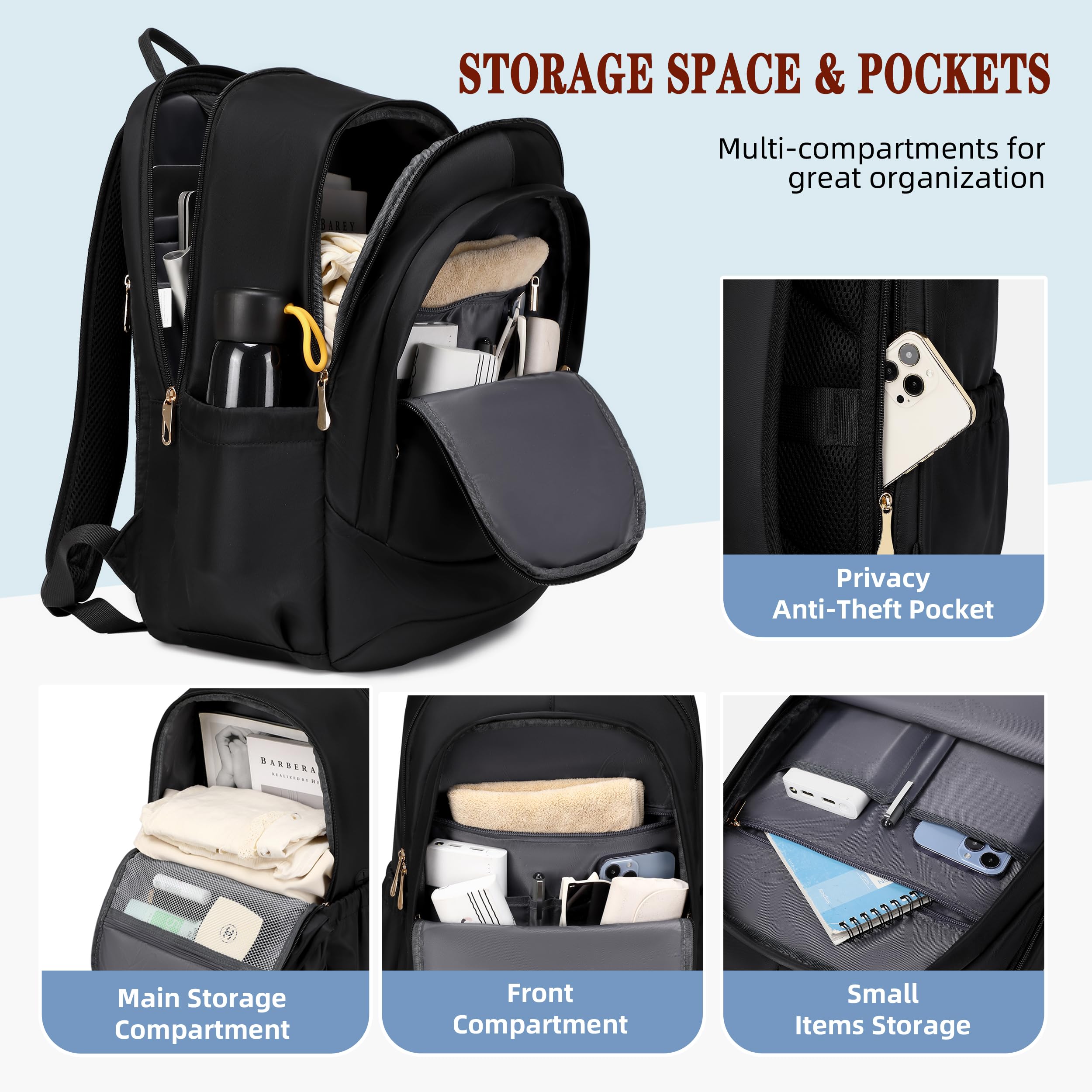 Women's Travel Laptop Backpack 15.6 Inch Anti-Theft USB Charging Business Backpack - Large Black Work Commuter Daypack for College, Business Travel & Daily Use
