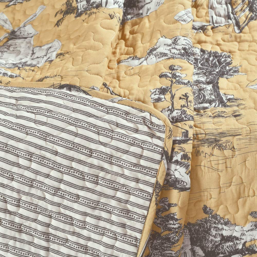 French Country Toile Cotton Reversible Throw Blanket - Yellow & Gray 60x50