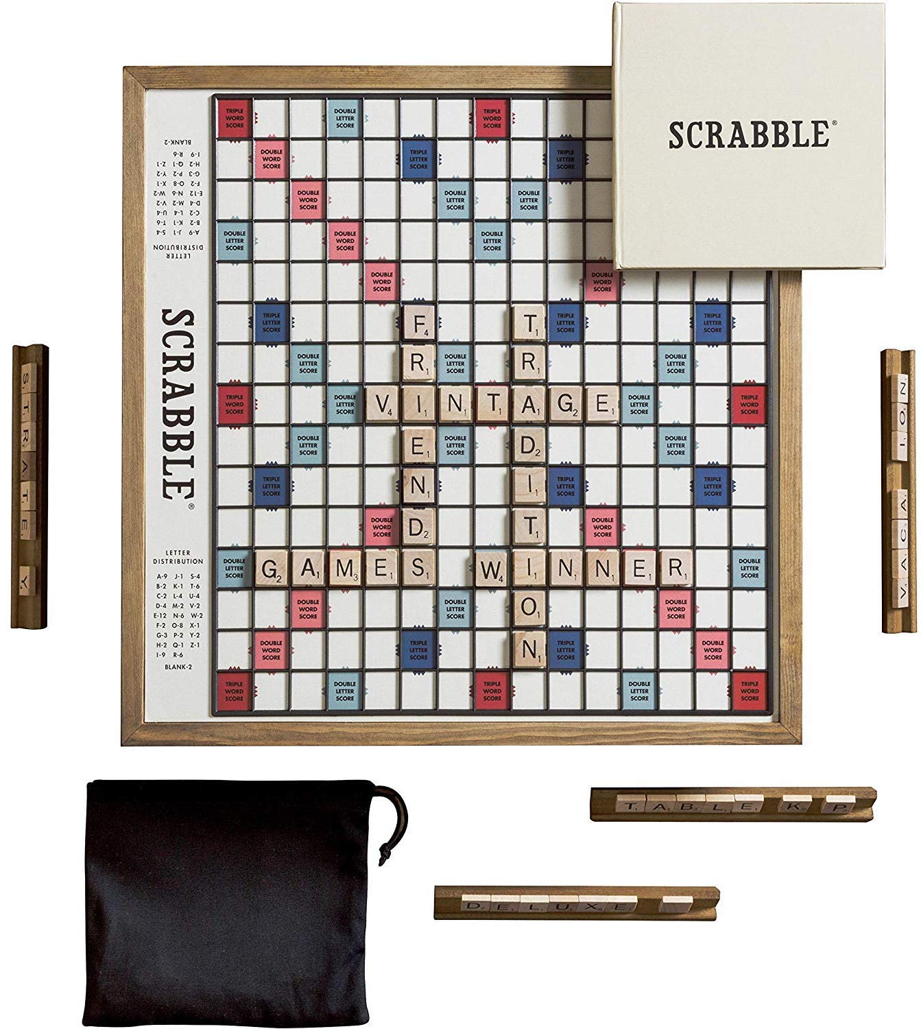 Premium Scrabble Deluxe Vintage Edition with Rotating Game Board - Classic Word Board Game for Family Game Night, Parties & Educational Fun