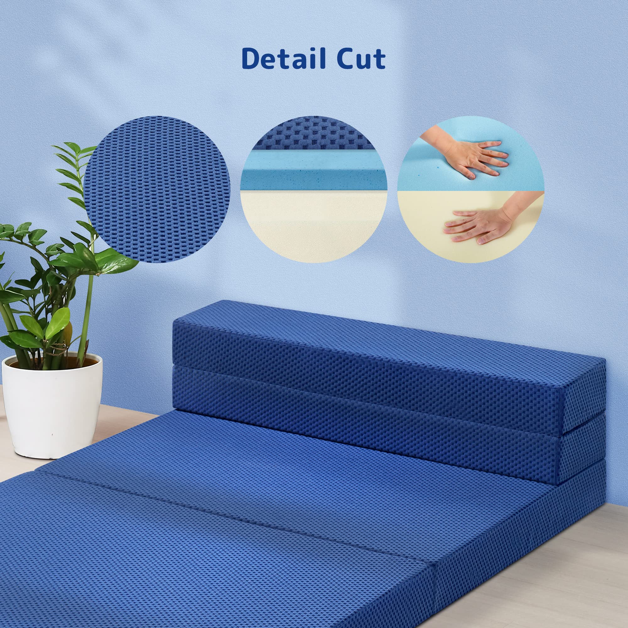 Olee Sleep 4 Inch Tri-Folding Memory Foam Mattress Topper with Gel Infusion - CertiPUR-US Certified, Washable Cover, Twin XL Size - Perfect for Camping, Guest Beds & Temporary Sleeping Solutions (Soft, Blue)