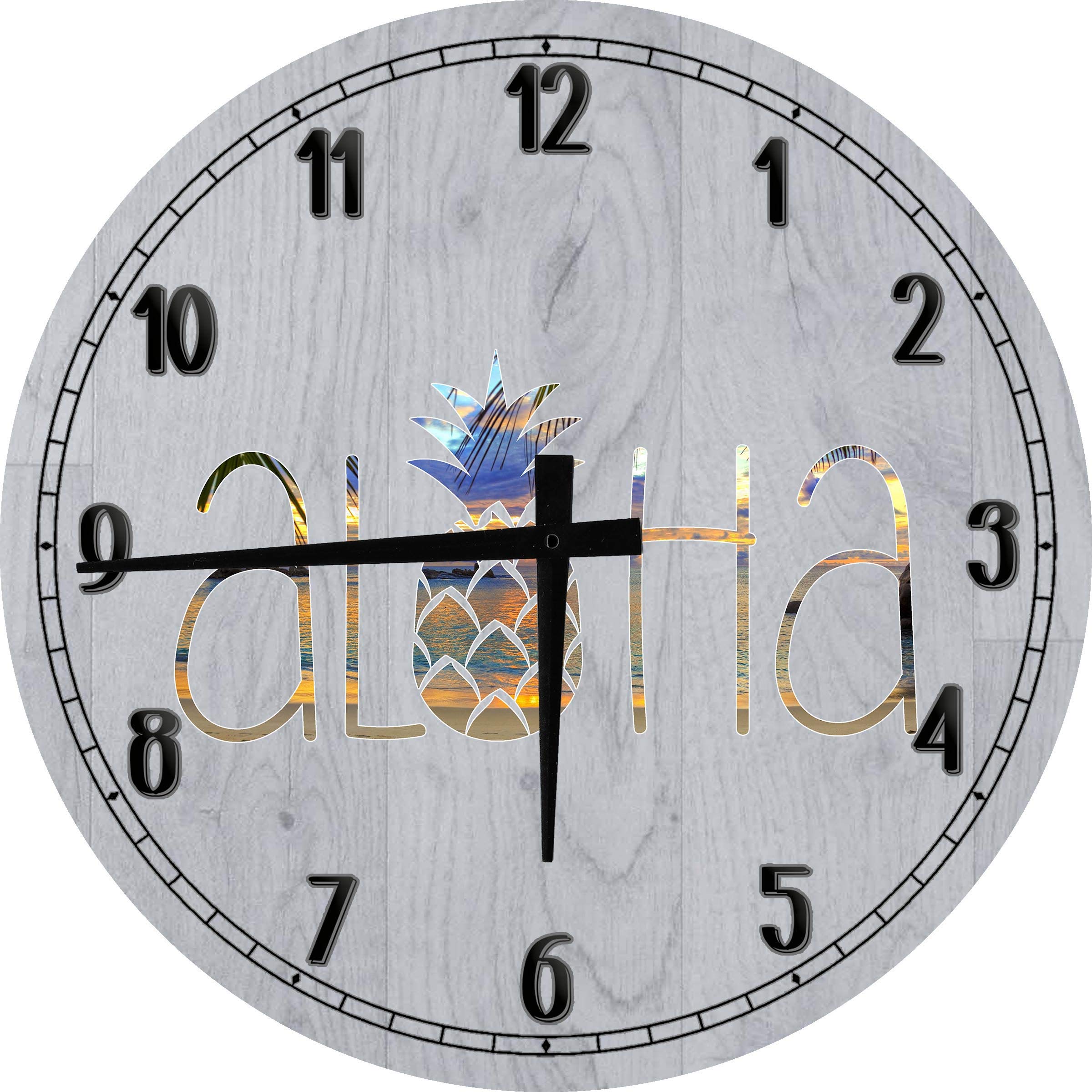 18 Inch Gray Hawaiian Pineapple Sunset Beach Wall Clock - Large Round Wooden Wall Art Decor for Living Room, Bedroom, or Beach House