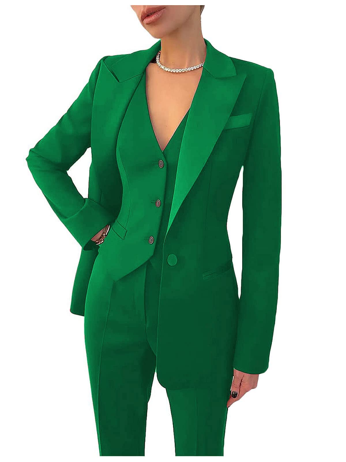 LOALO Women's 3-Piece Business Suit Set - Slim Fit Notch Lapel Blazer, Vest & Pants for Office Professionals | Formal Work Attire in Green | Size 10 | Perfect for Corporate Meetings, Job Interviews & Business Events