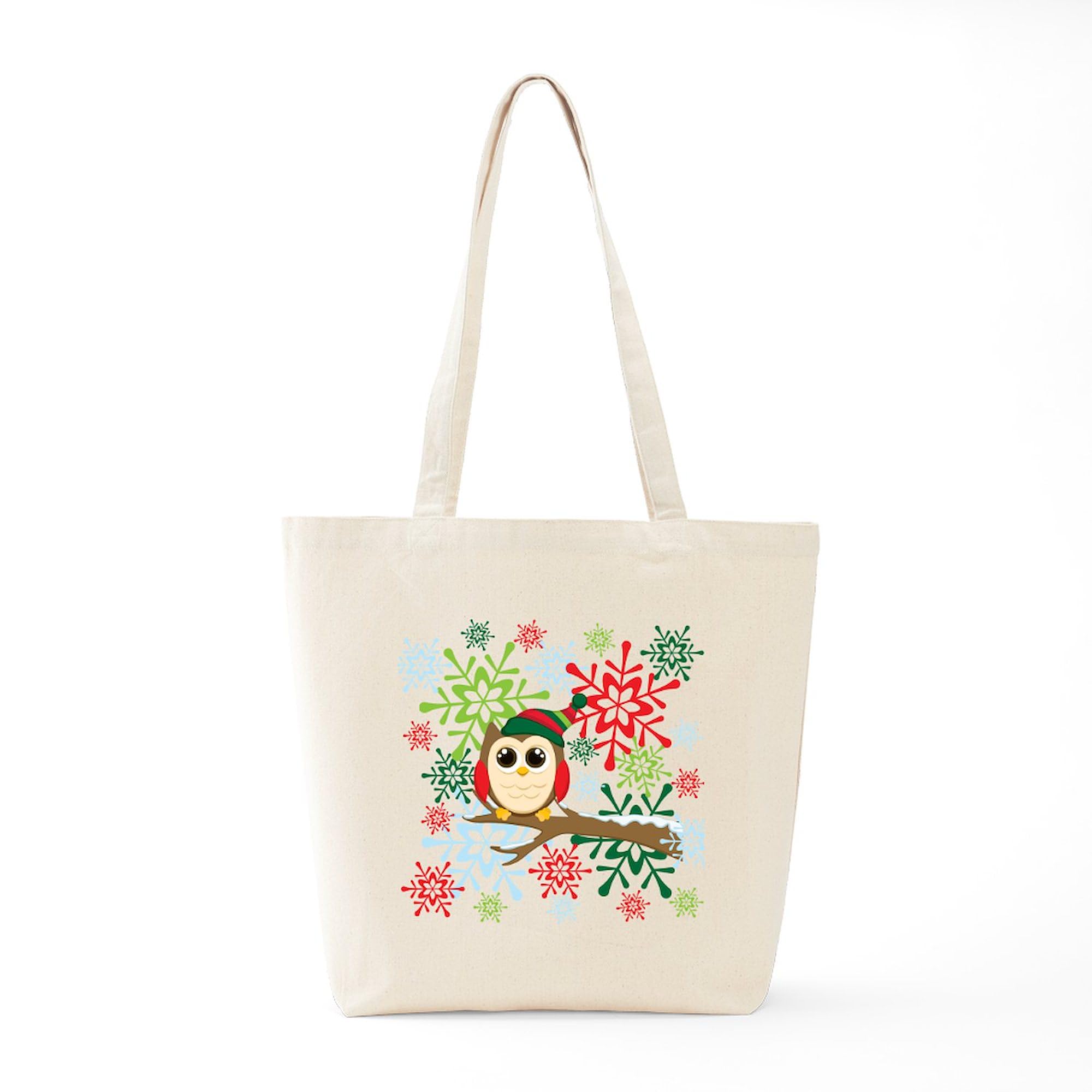 Christmas Owl Tote Bag - Natural Canvas Reusable Shopping Bag for Holiday Gifts, Groceries & Eco-Friendly Lifestyle