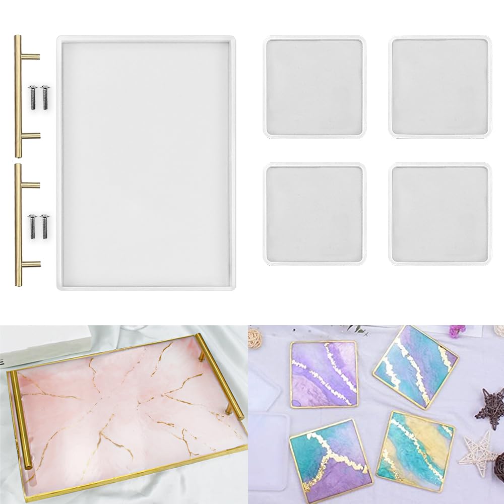 ResinWorld 4-Pack 4-Inch Square Coaster Molds & Large Rectangle Silicone Tray Mold with Handles for DIY Epoxy Resin Crafts, Home Decor, and Party Serving
