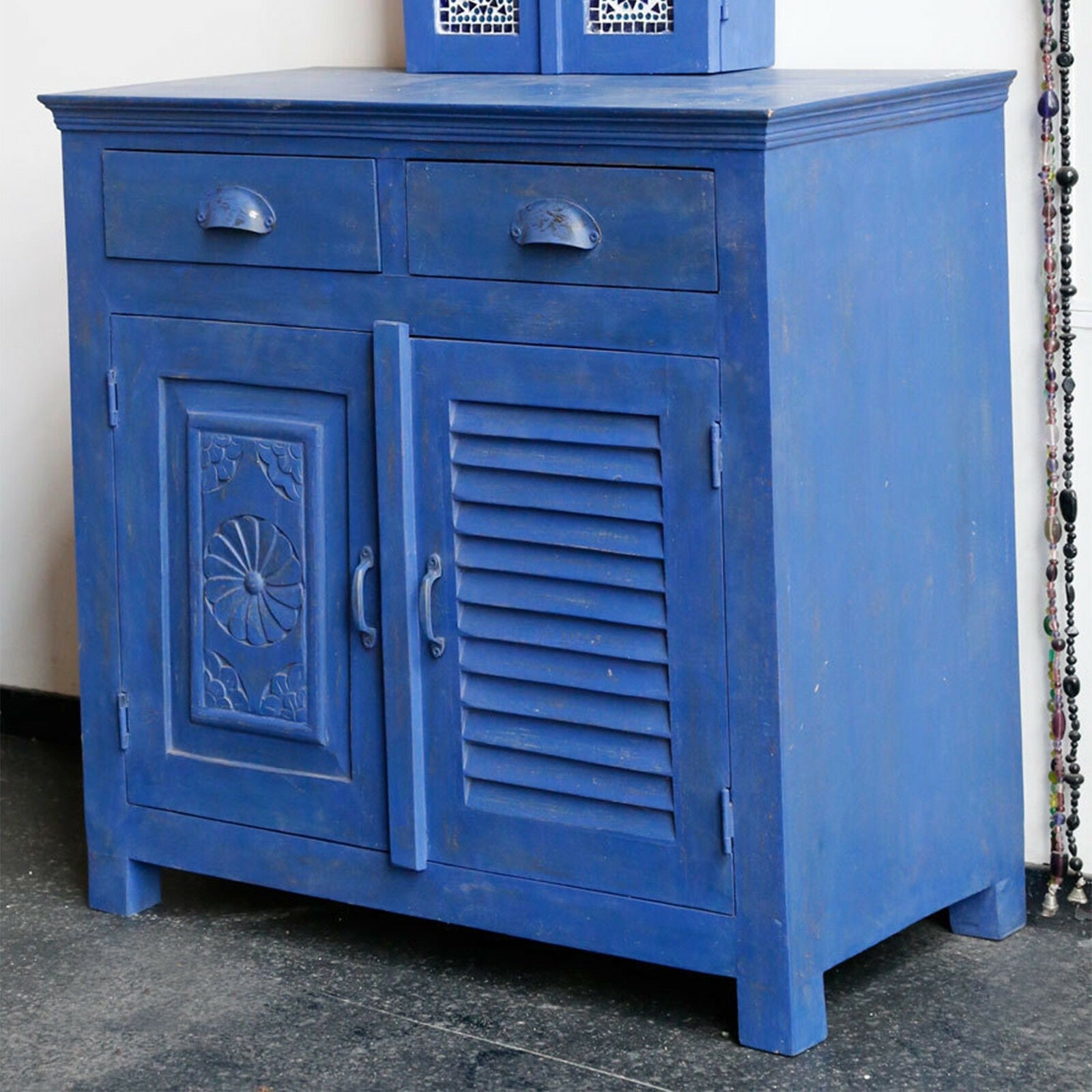 Hand Carved Shutter Design Solid Wood Sideboard Cabinet - Vintage Blue Storage Buffet for Dining Room, Living Room & Entryway