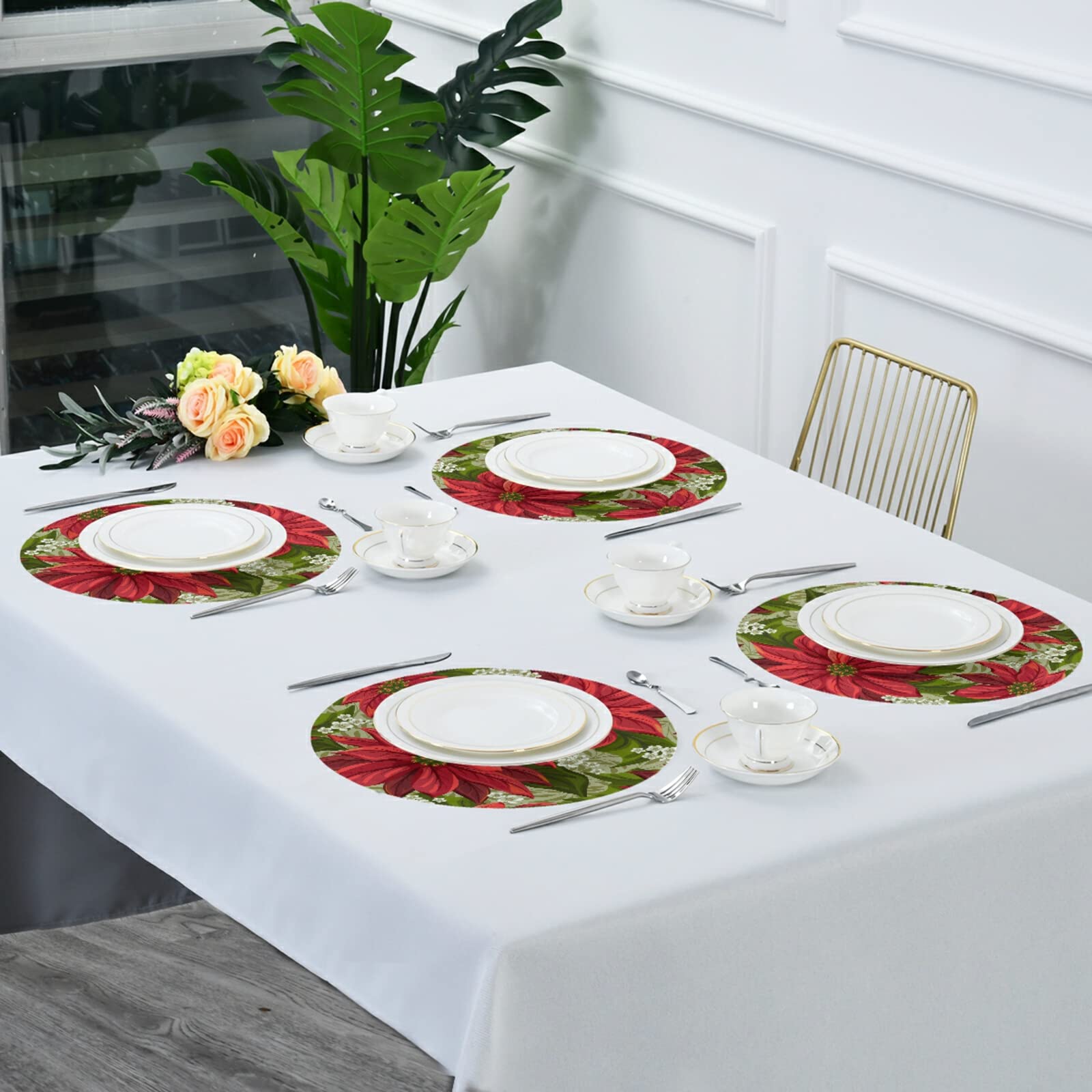 Christmas Poinsettia Floral Round Placemats Set of 6 - Washable & Heat Resistant Table Mats for Dining, Kitchen, Party - Perfect for Holiday Home Decor, Indoor & Outdoor Use