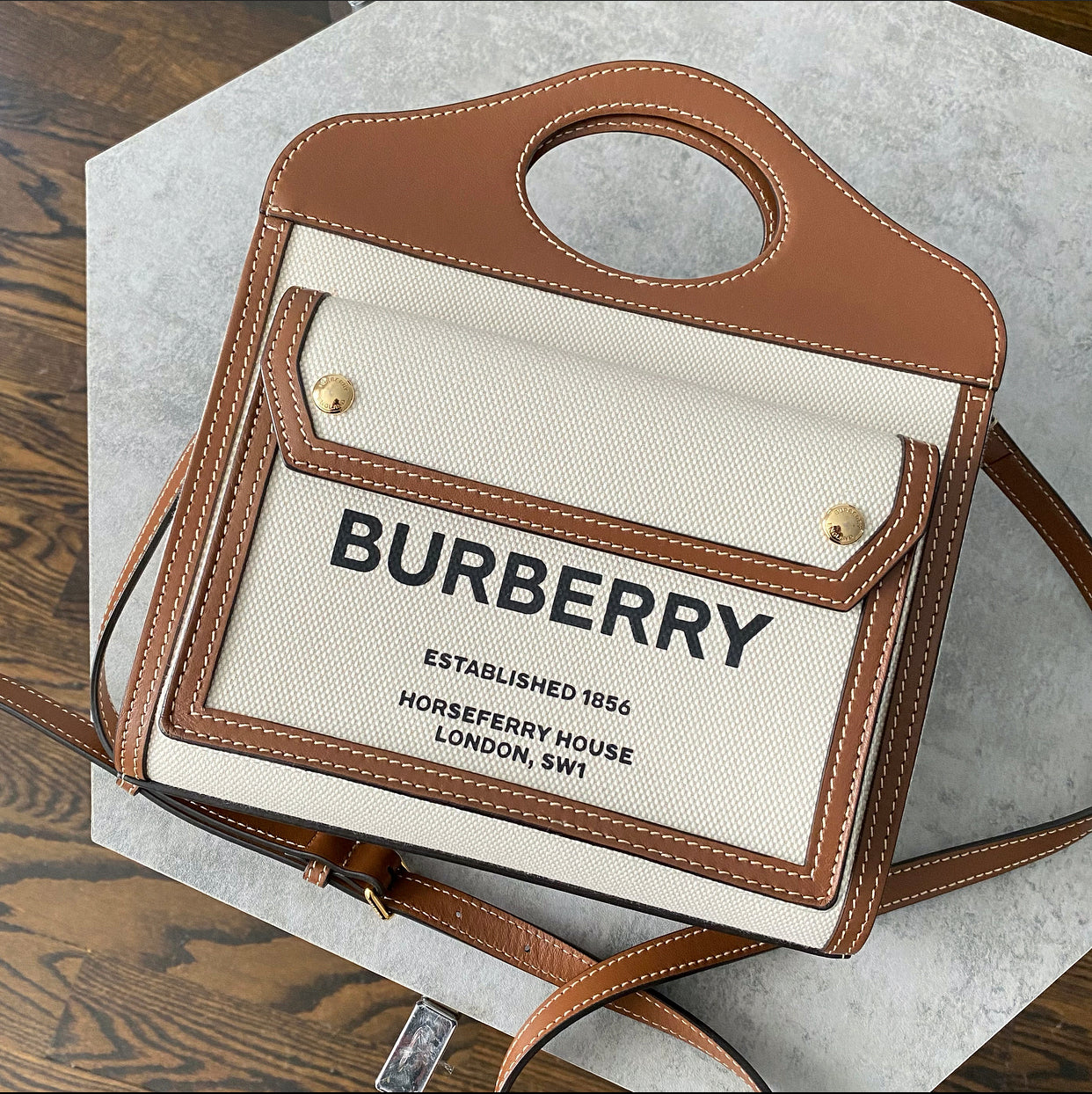 Burberry Small Canvas and Leather Pocket Bag - Stylish Crossbody Bag for Women | Perfect for Everyday Use, Travel & Shopping