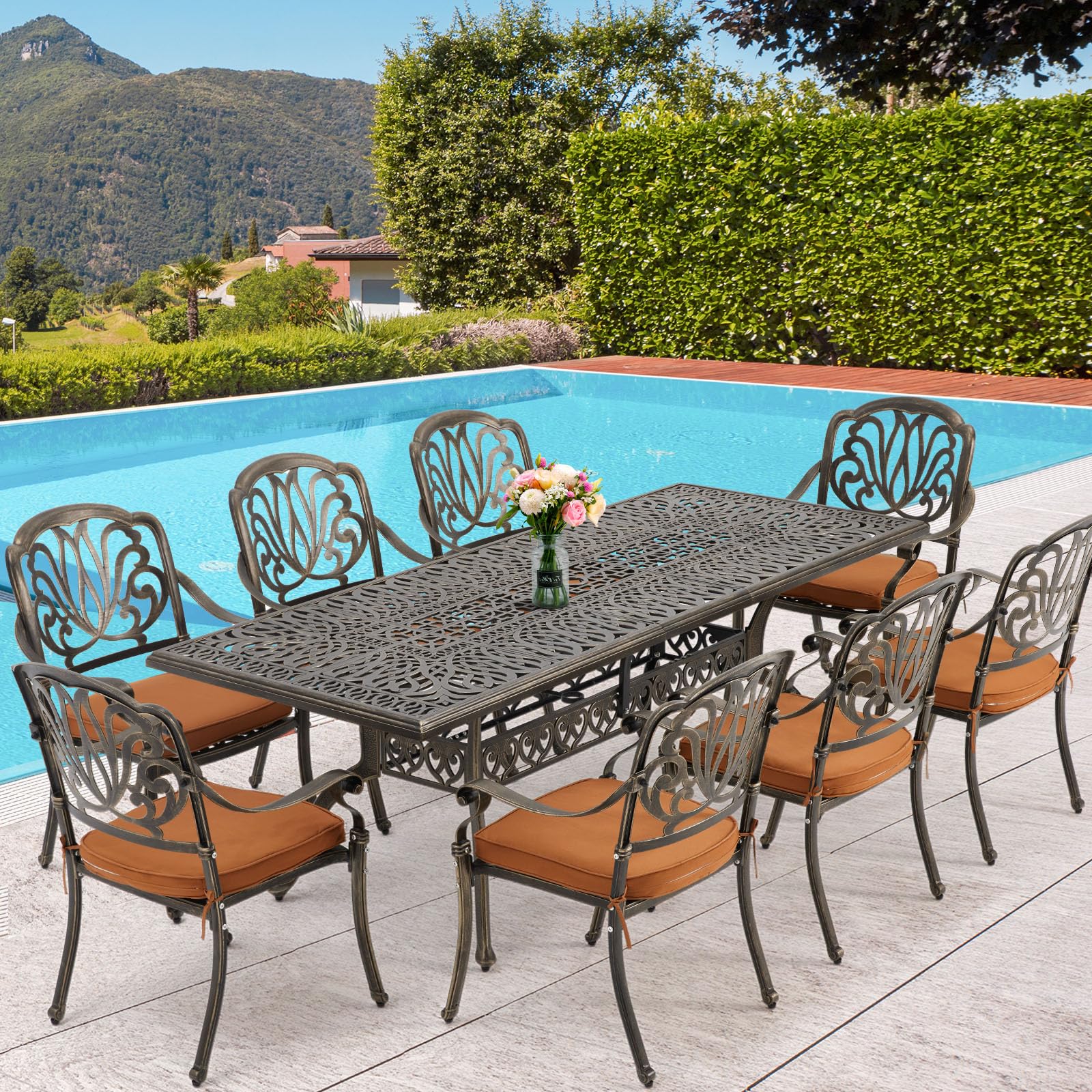 Premium 9-Piece Outdoor Dining Set - All-Weather Aluminum Patio Furniture with 8 Cushioned Chairs & Large Rectangular Table (Umbrella Hole Included) | Rustproof & Wind-Resistant | Perfect for Backyard BBQs, Poolside Dining & Garden Parties