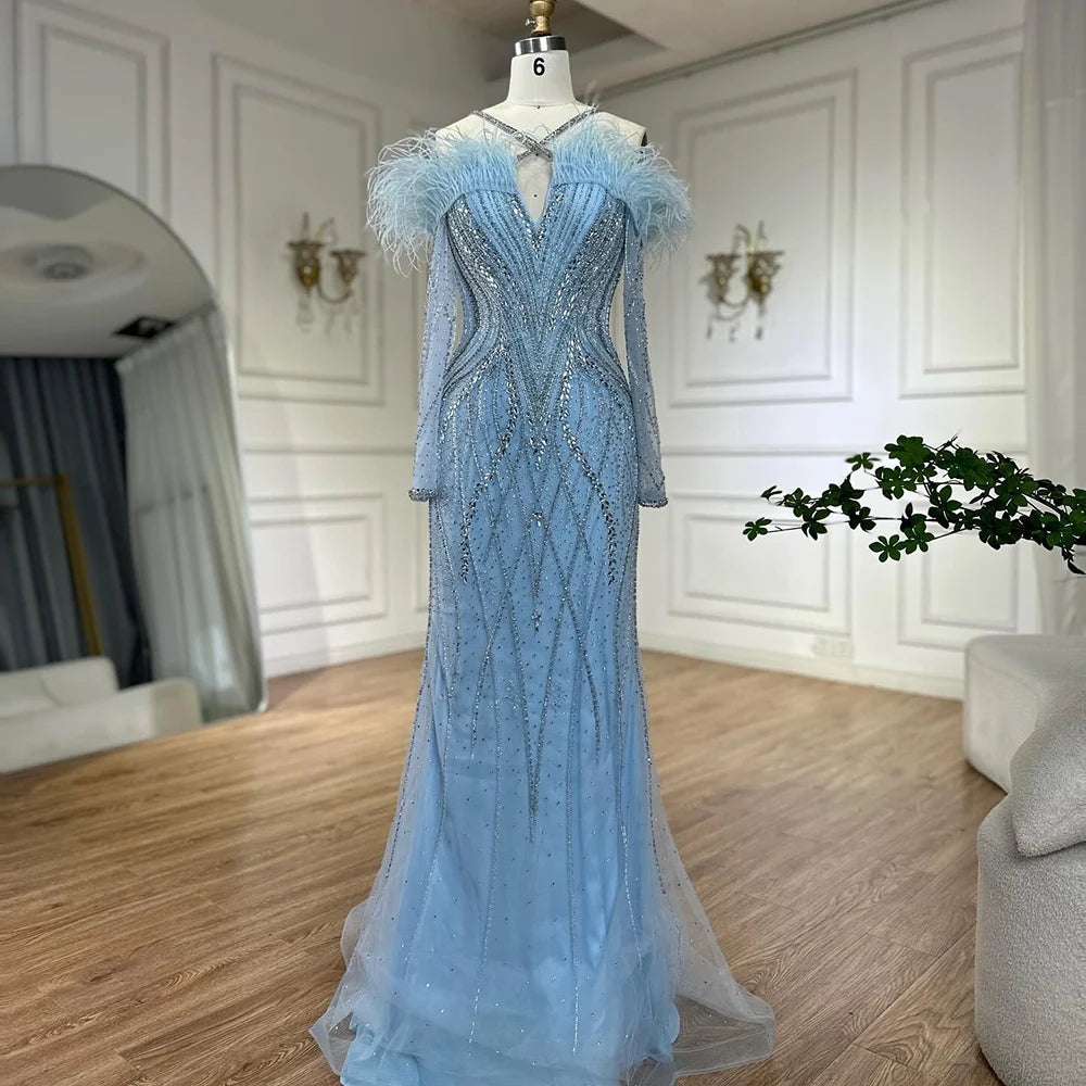 Luxury Dubai Blue Feather Beaded Mermaid Evening Gown for Women - Formal Dresses for Prom, Gala & Special Occasions - Elegant Beaded Sequin Gowns LA72836