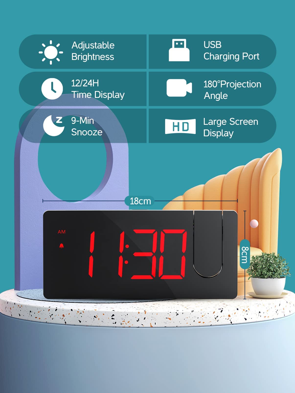 Smart Projection Alarm Clock with USB Charging Port - 5'' LED Curved Screen, 180° Rotation, 4 Dimmer Modes, Snooze Function - Perfect for Bedroom, Desk Decor & Teen Rooms (12/24H Digital Display)